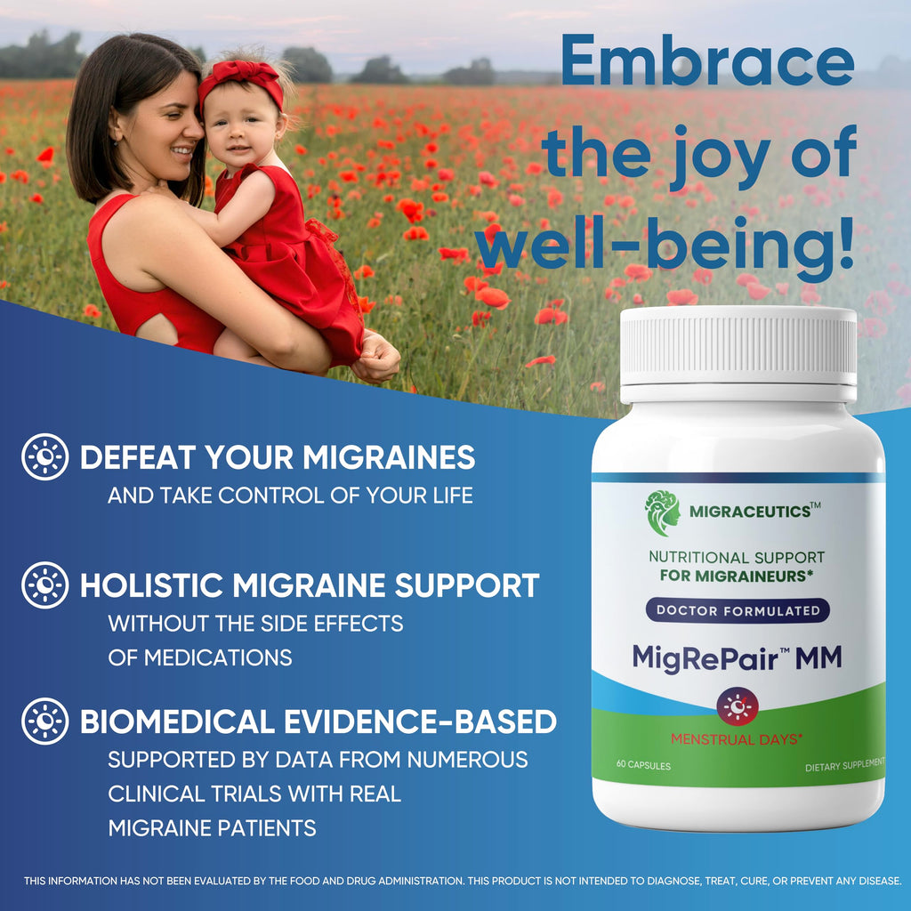 MigRePair MM Bottle of 60 - Doctor Formulated Natural Herbal Migraine Supplement for Women, Menstrual Migraine Relief, Hormonal Migraine Support with Feverfew, White Willow Bark Pine Bark & Grape Seed Migraceutics Au supplements
