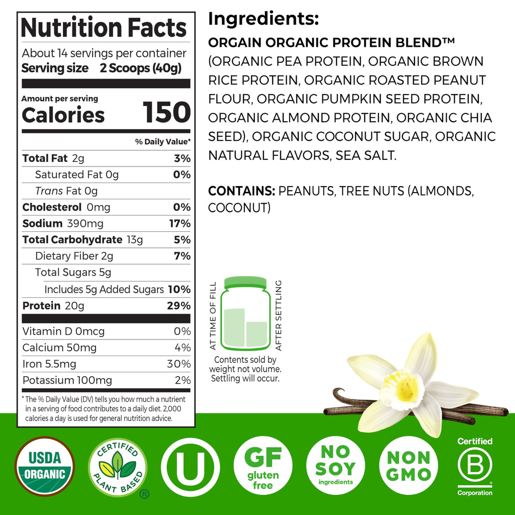 Orgain Organic Simple Vegan Protein Powder, Vanilla - 20g Plant Based Protein, Made with less Ingredients, No Artificial Sweeteners, Gluten Free, No Dairy or Lactose, 1.25 lb (Packaging May Vary)