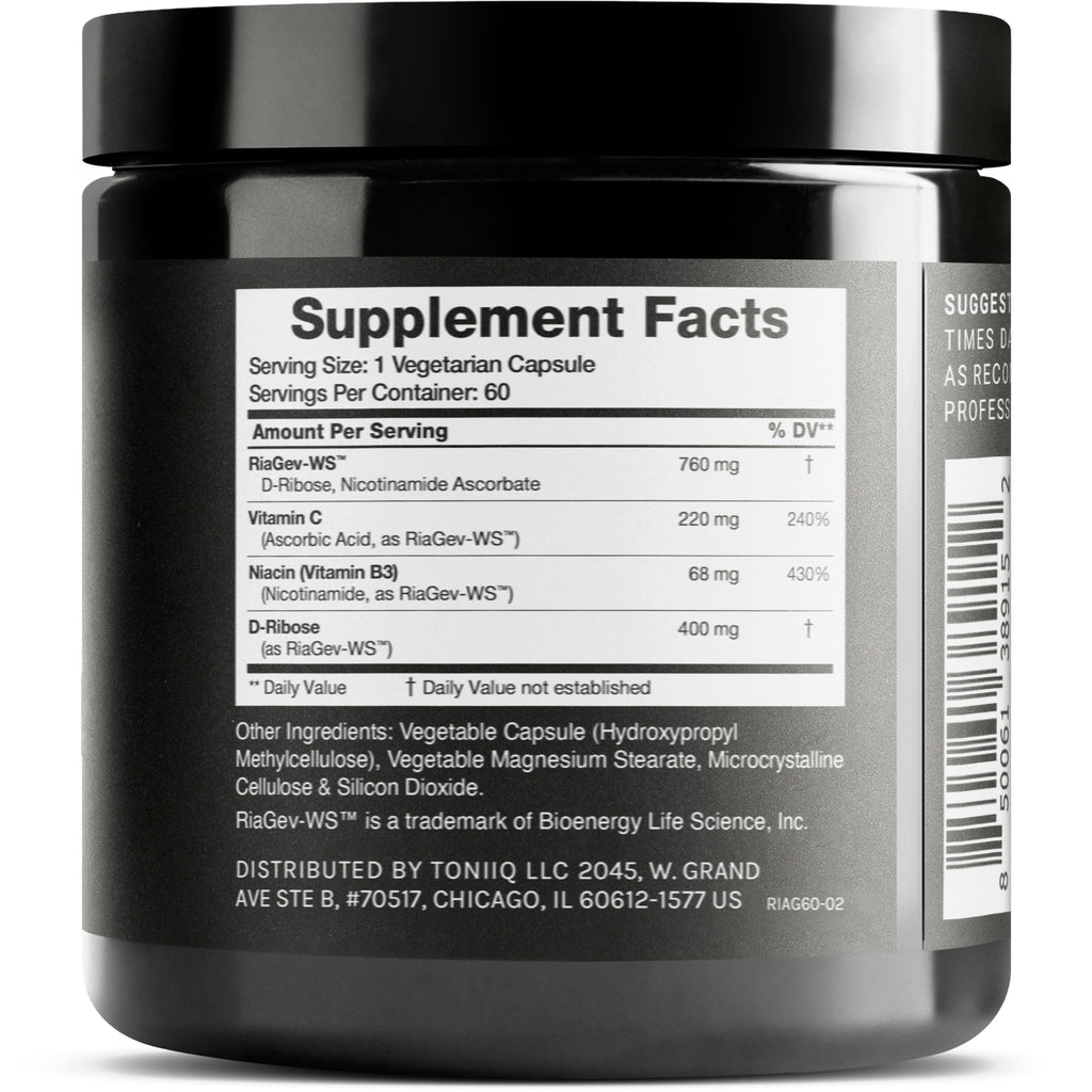 Toniiq Ultra High Potency 1400mg NAD Supplement - NAD+ Nicotinamide B3 Blend with D-Ribose, Niacin -with RiaGev - 3rd Party Tested Toniiq Au supplements