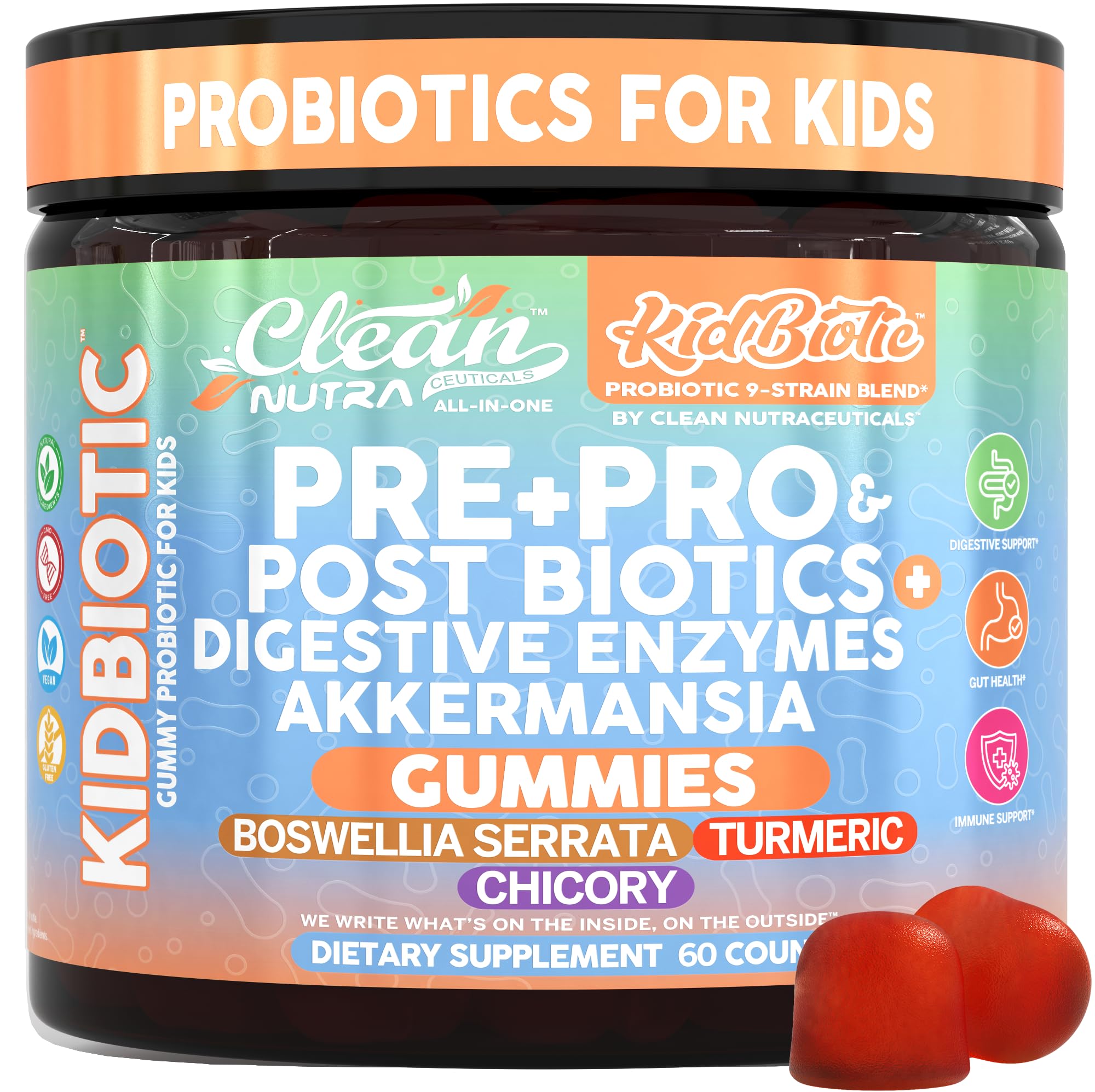 Clean Nutra Kids Probiotics Gummies with Prebiotics, Postbiotics, Digestive Enzymes, Akkermansia, Boswellia Serrata, Turmeric, Chicory – 60 Count – Plant-Based Supplement for Kids – PeachPop Flavor Clean Nutraceuticals Au supplements