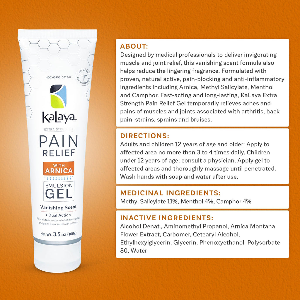 Kalaya Extra Strength Pain Relief Gel with Arnica -Fast Acting, Long Lasting, Vanishing Scent, medically formulated for Arthritis, Joints, Muscle, Back, Neck, Shoulder, Hand and Knee Pain Kalaya Naturals Au supplements