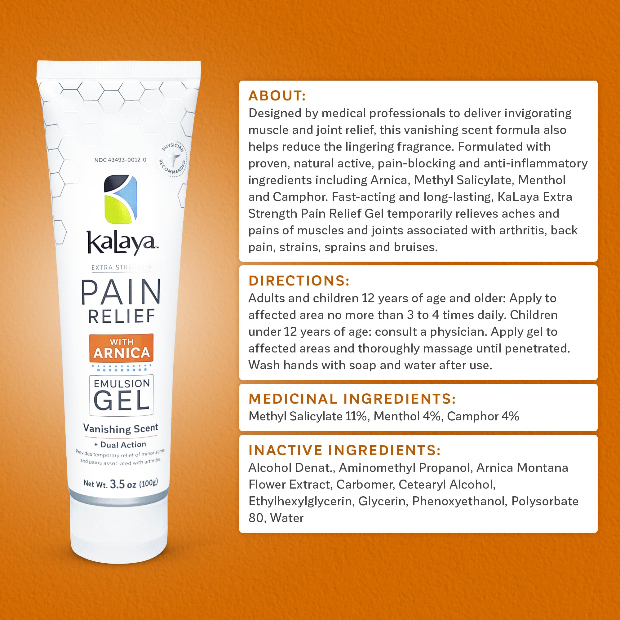 Kalaya Extra Strength Pain Relief Gel with Arnica -Fast Acting, Long Lasting, Vanishing Scent, medically formulated for Arthritis, Joints, Muscle, Back, Neck, Shoulder, Hand and Knee Pain Kalaya Naturals Au supplements