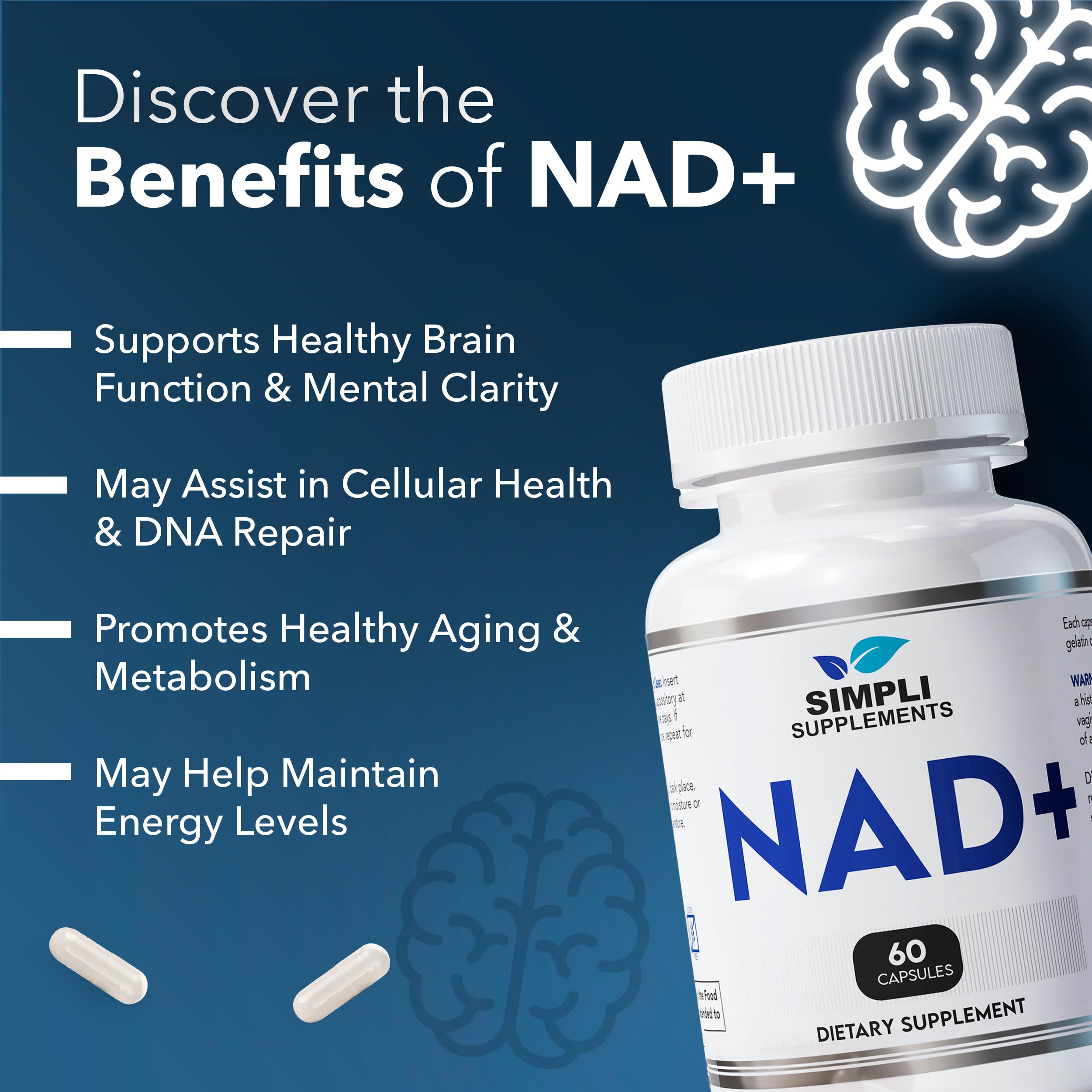 NAD Supplement for Anti-Aging and Cell Regeneration | NAD Booster 500mg Per Serving | NMN Supplement Alternative | Similar to Nicotinamide Riboside | 120 Capsules (2 Month Supply) Simpli Supplements Au supplements