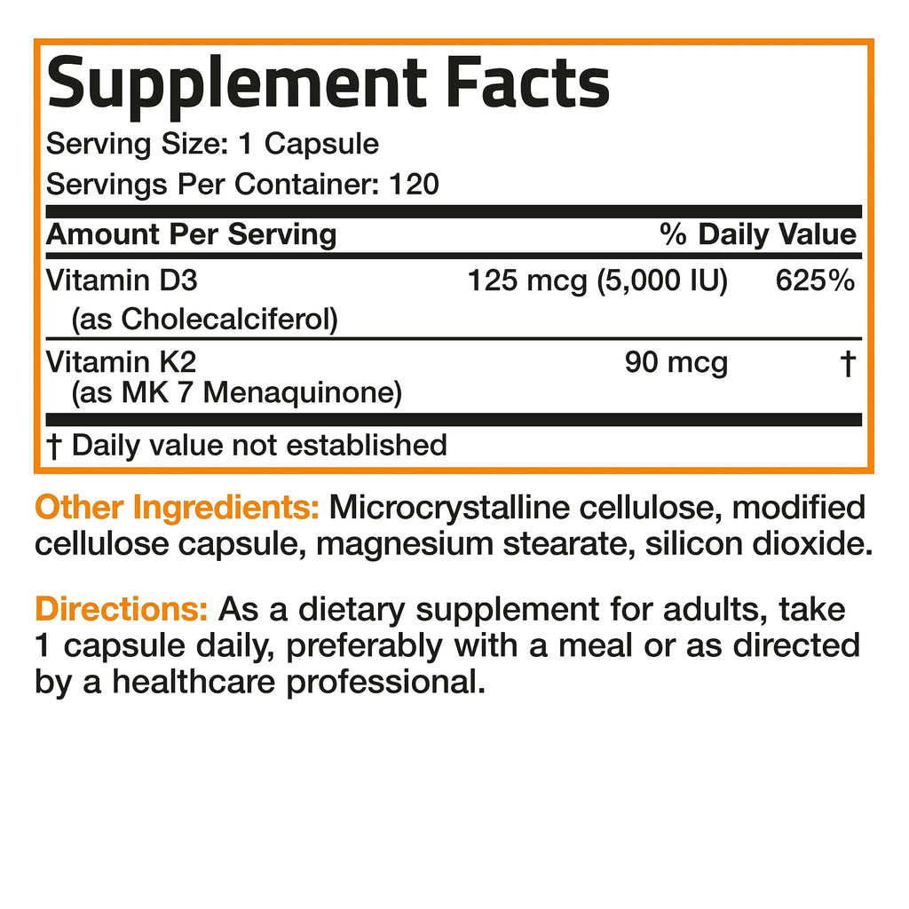 Bronson Vitamin K2 (MK7) with D3 Supplement Non-GMO Formula 5000 IU Vitamin Bronson Au supplements