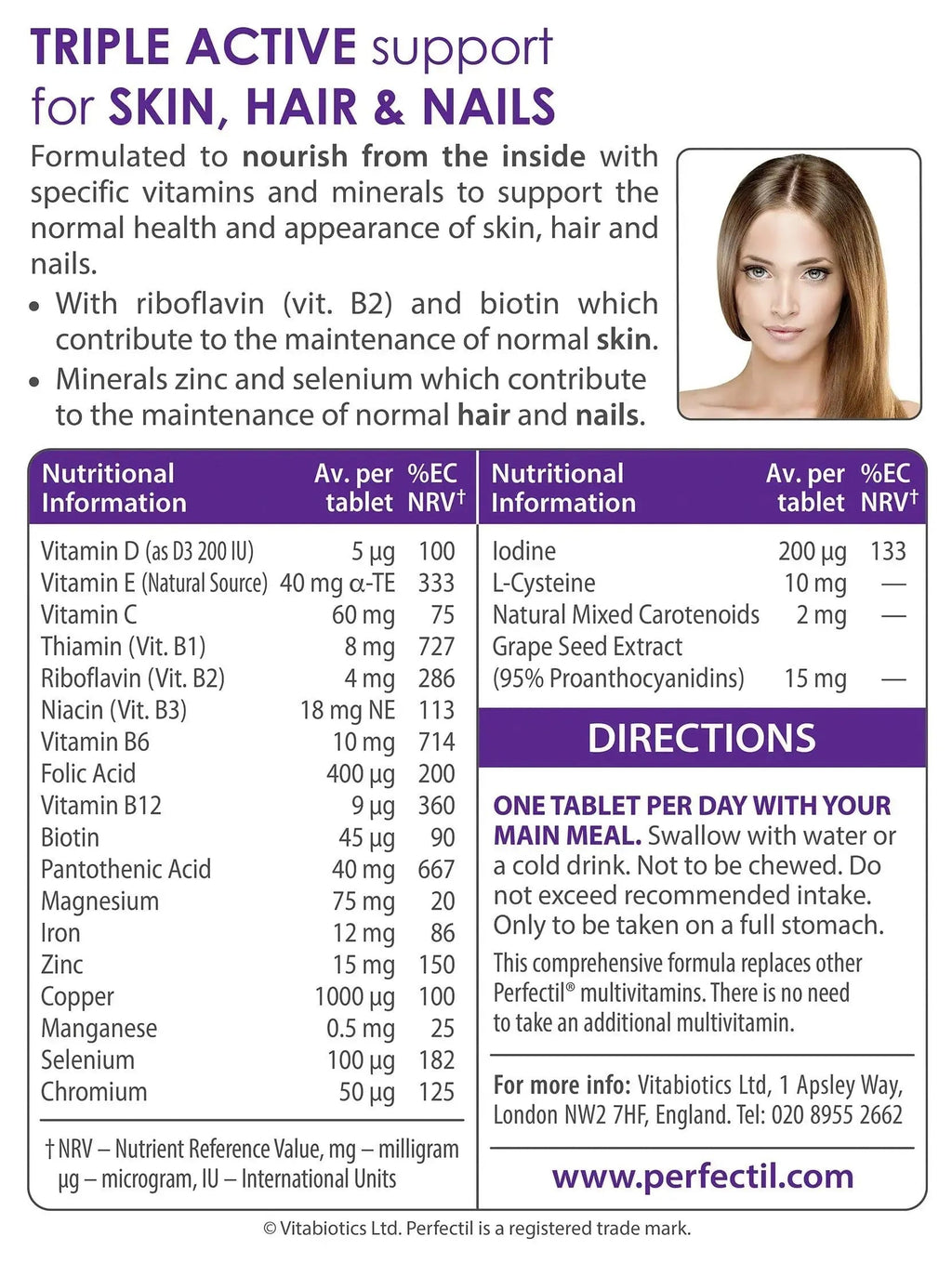 Vitabiotics, Perfectil Triple Active, Essential Nutrients to help maintain healthy Skin, Hair & Nails, 30-Count Boxes (Pack of 2) Perfectil Au supplements