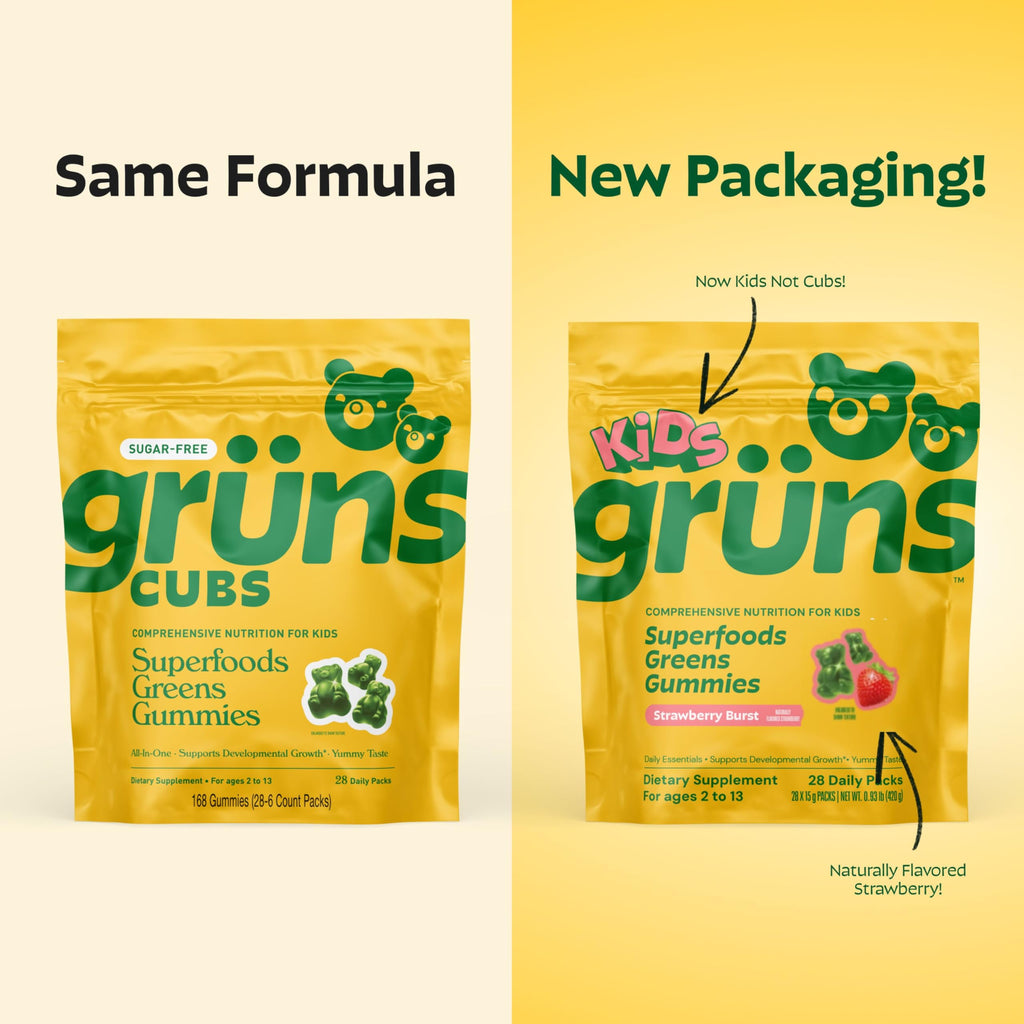 Gruns Multivitamin for Kids, Super Greens Gummies, Superfood Gummy Bears with 20+ Vitamins & Minerals, Spirulina, Chlorella, Alfalfa, Prebiotics Fiber for Digestive Health