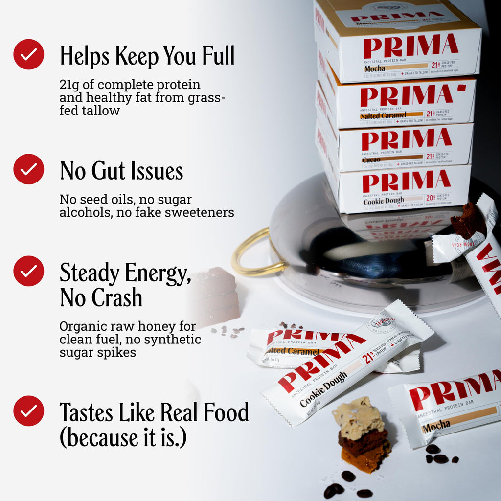 PRIMA Cookie Dough Protein Bar | 21g Grass Fed Whey and Collagen | No Seed Oils, No Preservatives, Raw Honey Sweetened | 7 Pack