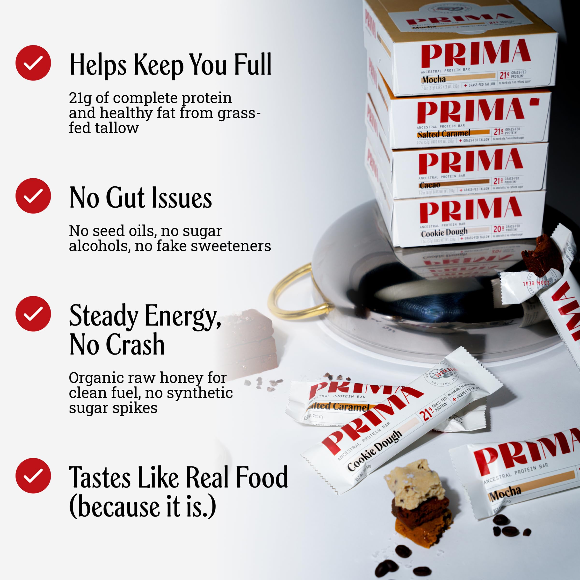 PRIMA Cookie Dough Protein Bar | 21g Grass Fed Whey and Collagen | No Seed Oils, No Preservatives, Raw Honey Sweetened | 7 Pack