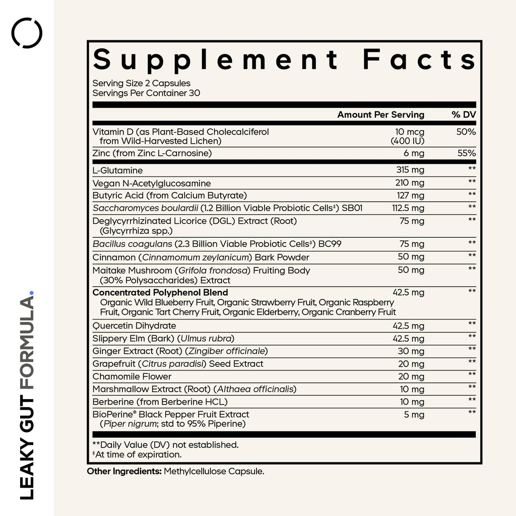 Codeage Leaky Gut Supplement, L-Glutamine, N-Acetylglucosamine, Probiotic, Butyric Acid, Polyphenols, Quercetin, DGL, Marshmallow Root, Berberine, BioPerine
