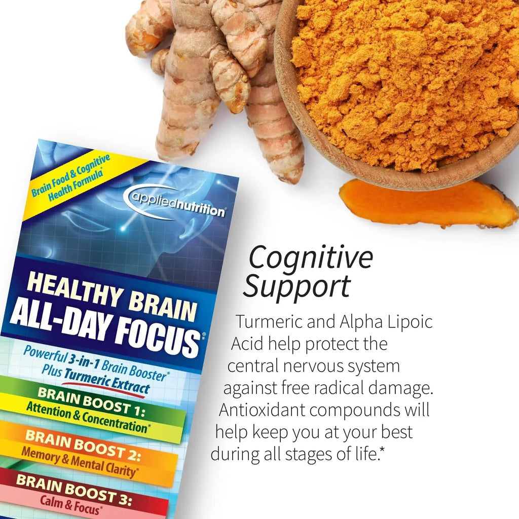 Applied Nutrition Healthy Brain All-Day Focus - 50 Tablets - Powerful 3-in-1 Brain Booster with Turmeric Extract - 25 Servings Applied Nutrition Au supplements