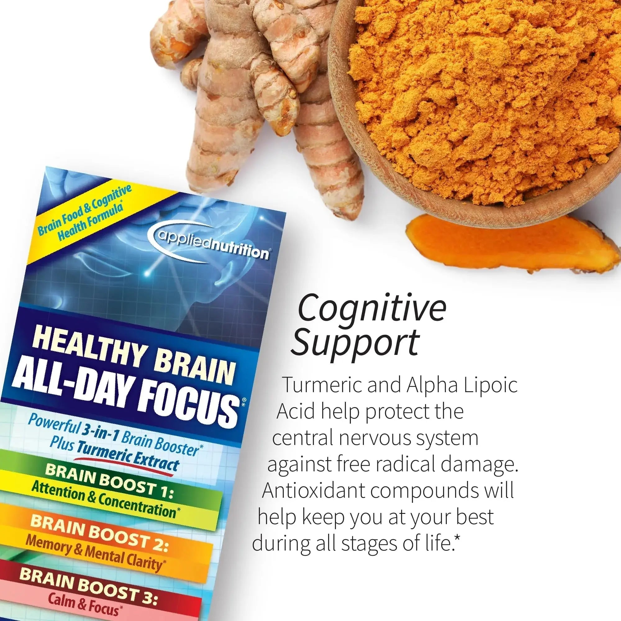 Applied Nutrition Healthy Brain All-Day Focus - 50 Tablets - Powerful 3-in-1 Brain Booster with Turmeric Extract - 25 Servings Applied Nutrition Au supplements