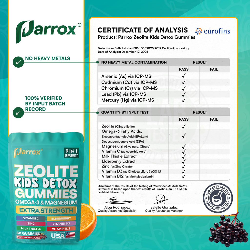 Parrox Zeolite Kids Gummies, 9-in-1 with Zeolite, Omega-3, Magnesium, Elderberry, Vitamin C, Milk Thistle, Vitamin D3, Zinc, B12 – Sugar-Free