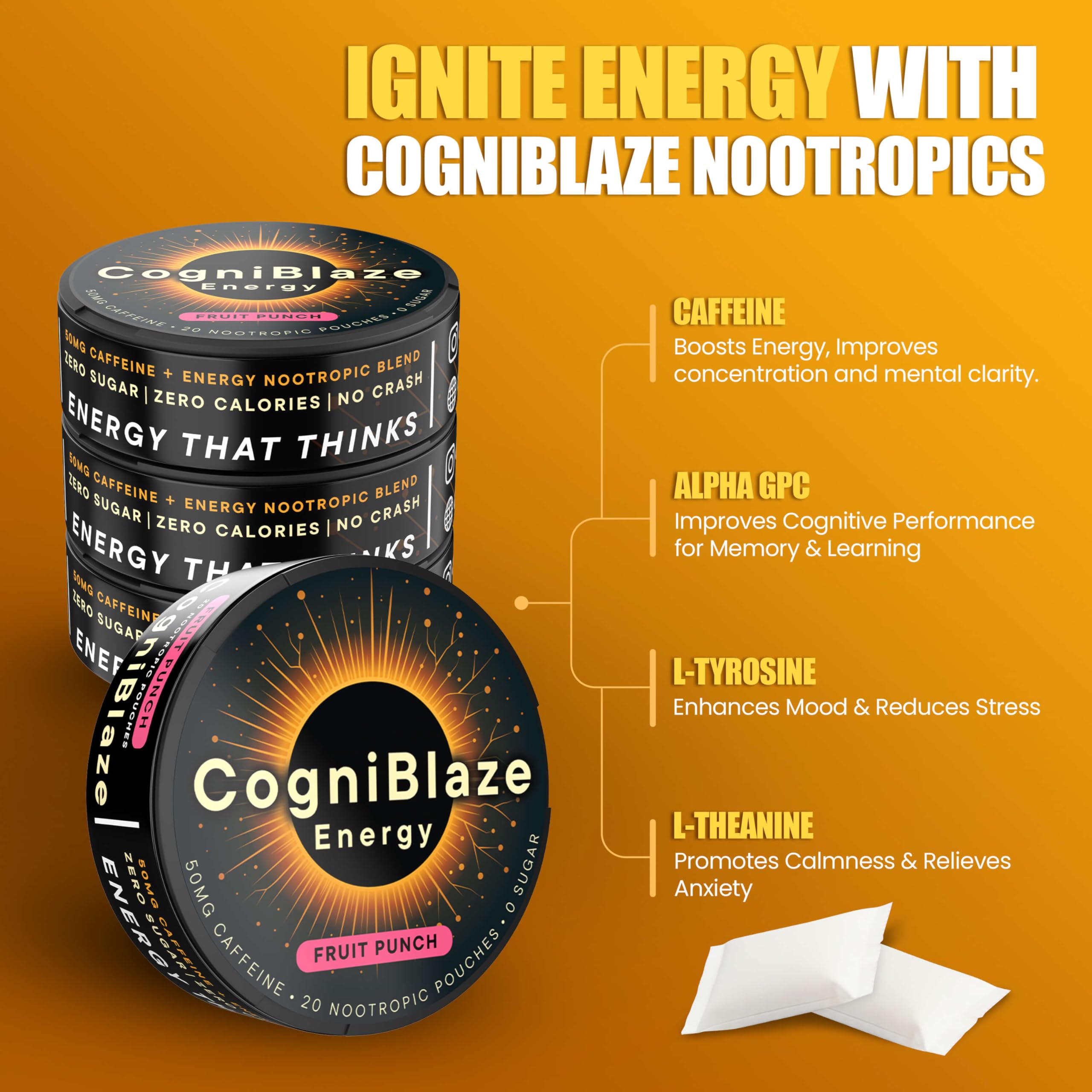CogniBlaze Caffeine Pouches (Fruit Punch) | Nootropic Energy Pouches with 50mg Caffeine, Alpha GPC, L-Tyrosine & L-Theanine | Zero Sugar | No Artificial Sweeteners | 4 Pack (80 Total) CogniBlaze Au supplements