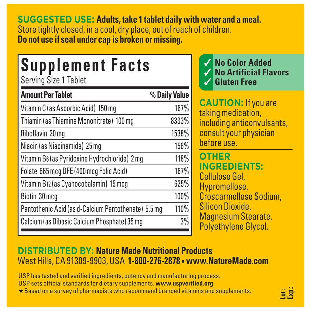 Nature Made Super B Complex with Vitamin C & Folic Acid, B Complex Vitamins for Women and Men, Dietary Supplement