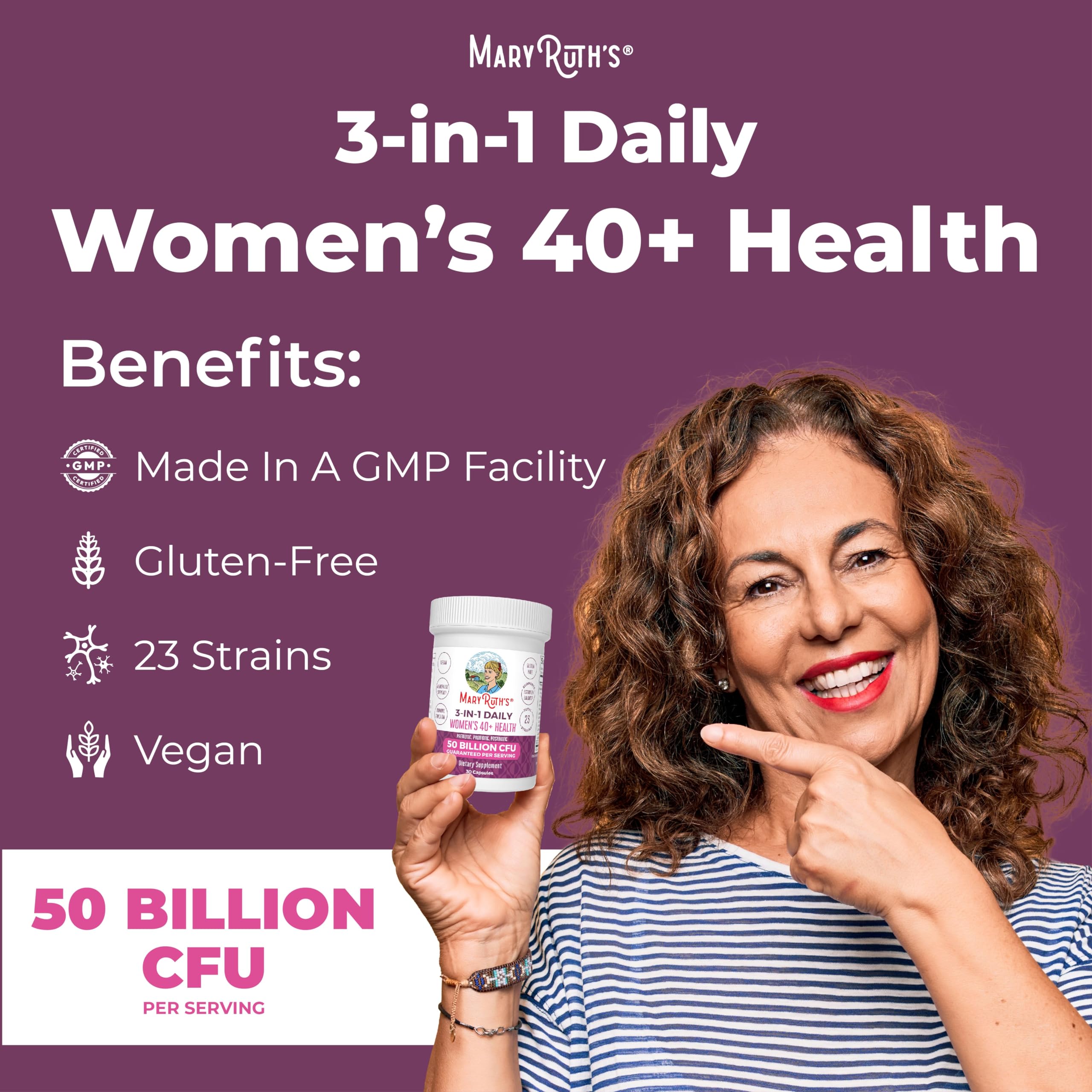MaryRuth's 3-in-1 Daily Health 40+ Probiotics for Women | Hormonal & Menopause Support Supplement for Women | Gut Health Capsules | 50 Billion CFU | Allergen Free | 30 Ct MARYRUTH'S Au supplements