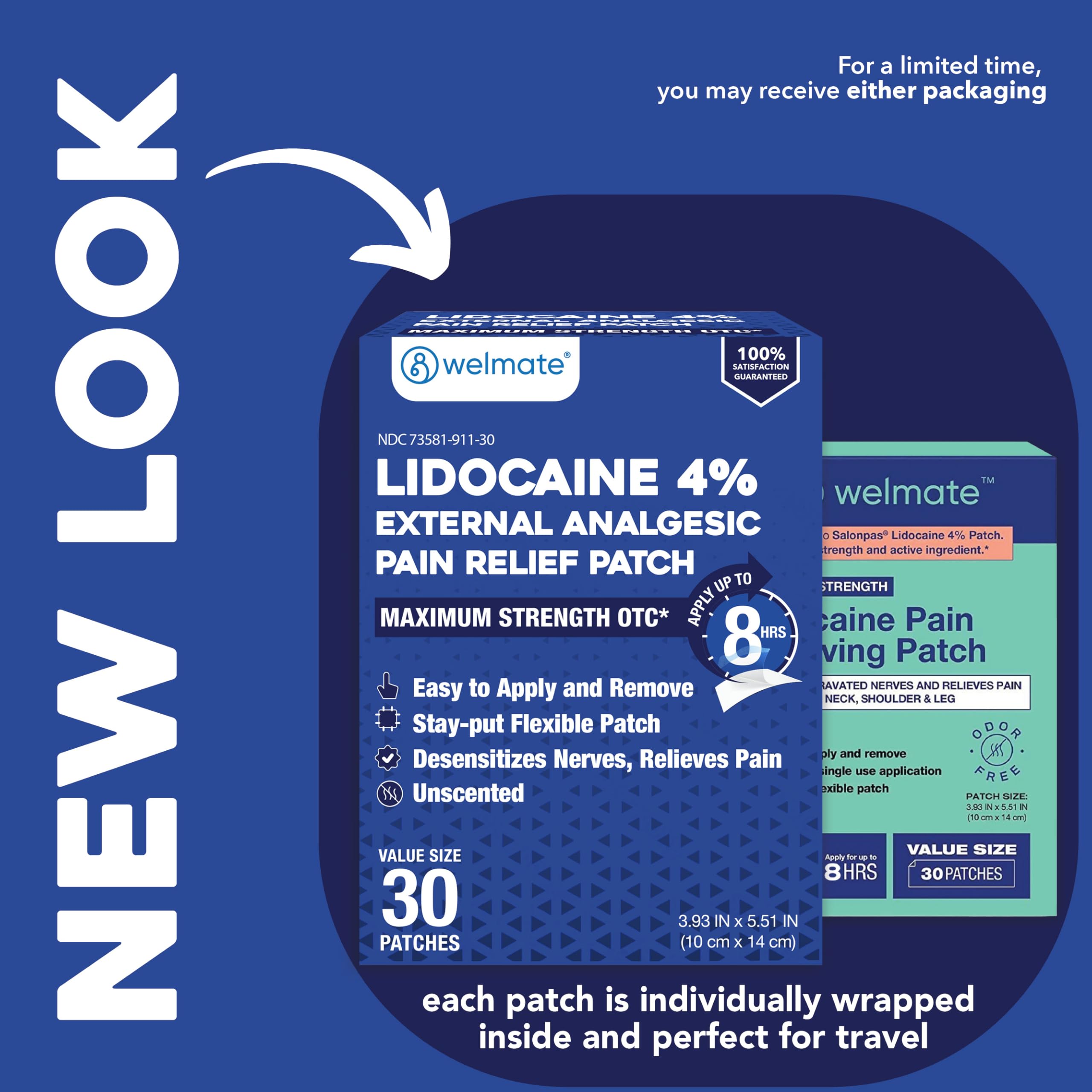 WELMATE - 4% Lidocaine Numbing Patch - Maximum Strength - Temporary Relief of Pain, Back, Neck, Shoulders, Knees, Elbows, Minor Skin Irritations - Topical Analgesic Unscented - 30 ct WELMATE Au supplements
