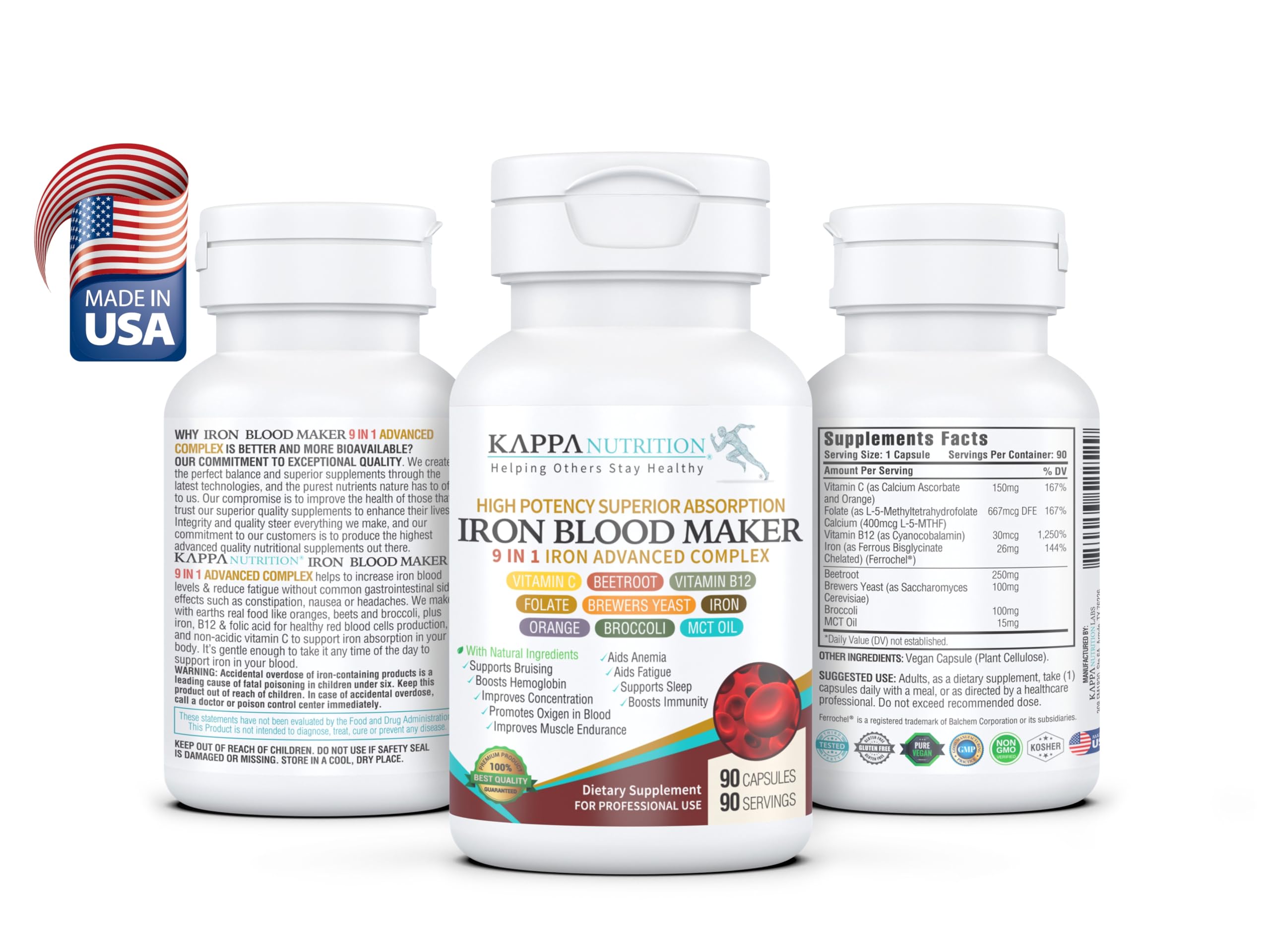 KAPPA NUTRITION Iron 26mg, Vitamin C & Orange 150mg, Folate 667mcg DFE, Vitamin B12, Beetroot, Brewers Yeast, Broccoli & MCT Oil 9 in 1 Advanced Complex (90 Capsules) KAPPA NUTRITION Au supplements