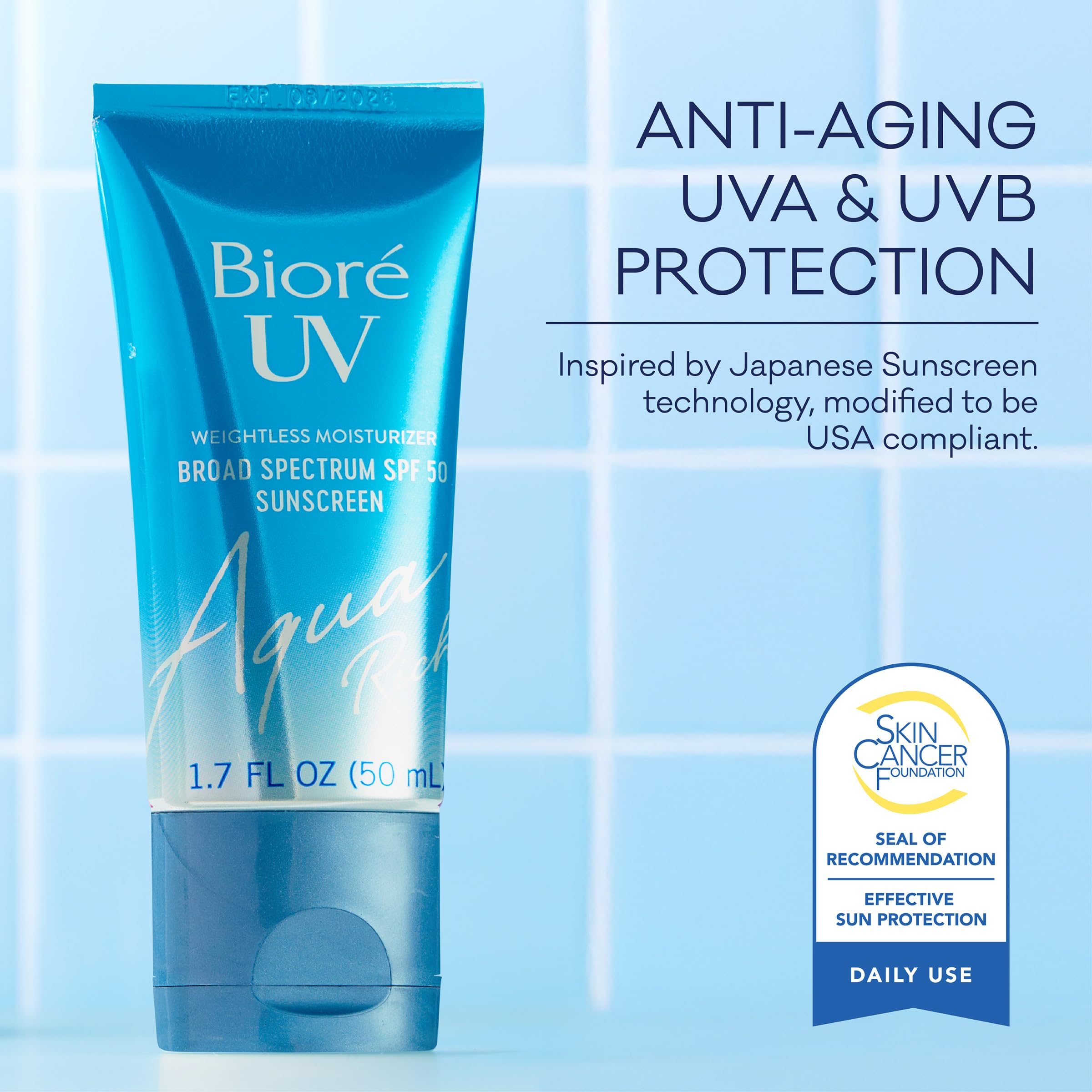 Biore UV Aqua Rich Daily Hydrating Facial Moisturizer with SPF 50 | Oil Free Sunscreen