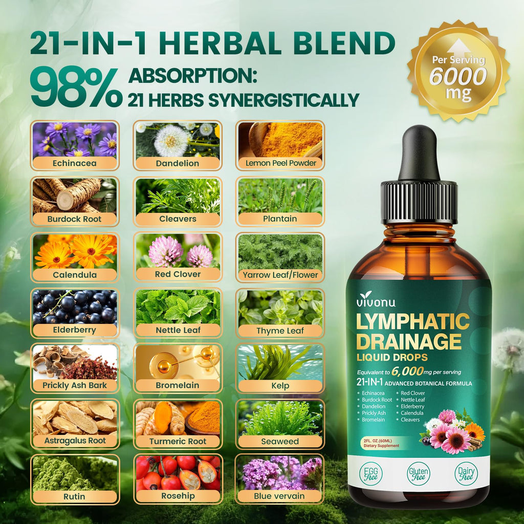 21-in-1 Lymphatic Drainage Drops for Liposomal, Immune & Lymph System Support Supplement for Women & Men with Echinacea, Dandelion
