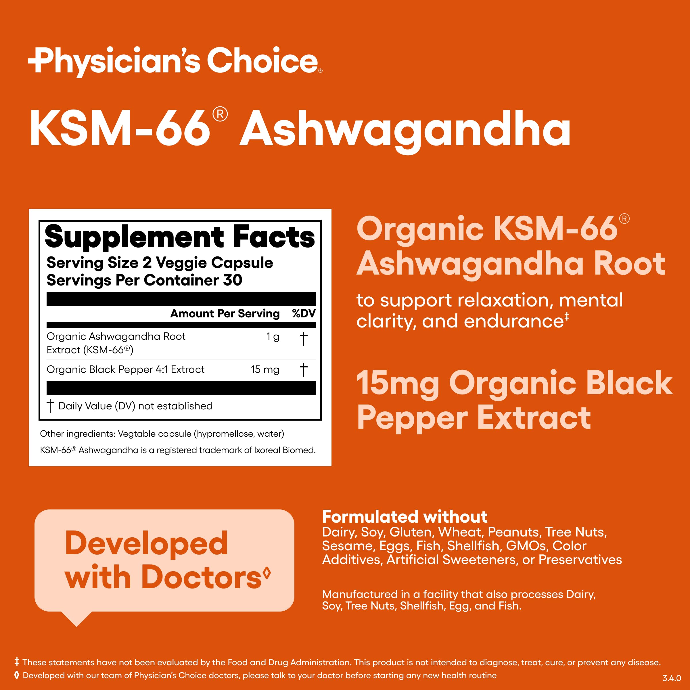 Physician's CHOICE KSM-66 Ashwagandha Root Powder Extract 1,000mg - Organic - with Black Pepper for Maximum Absorption - 5% Withanolides