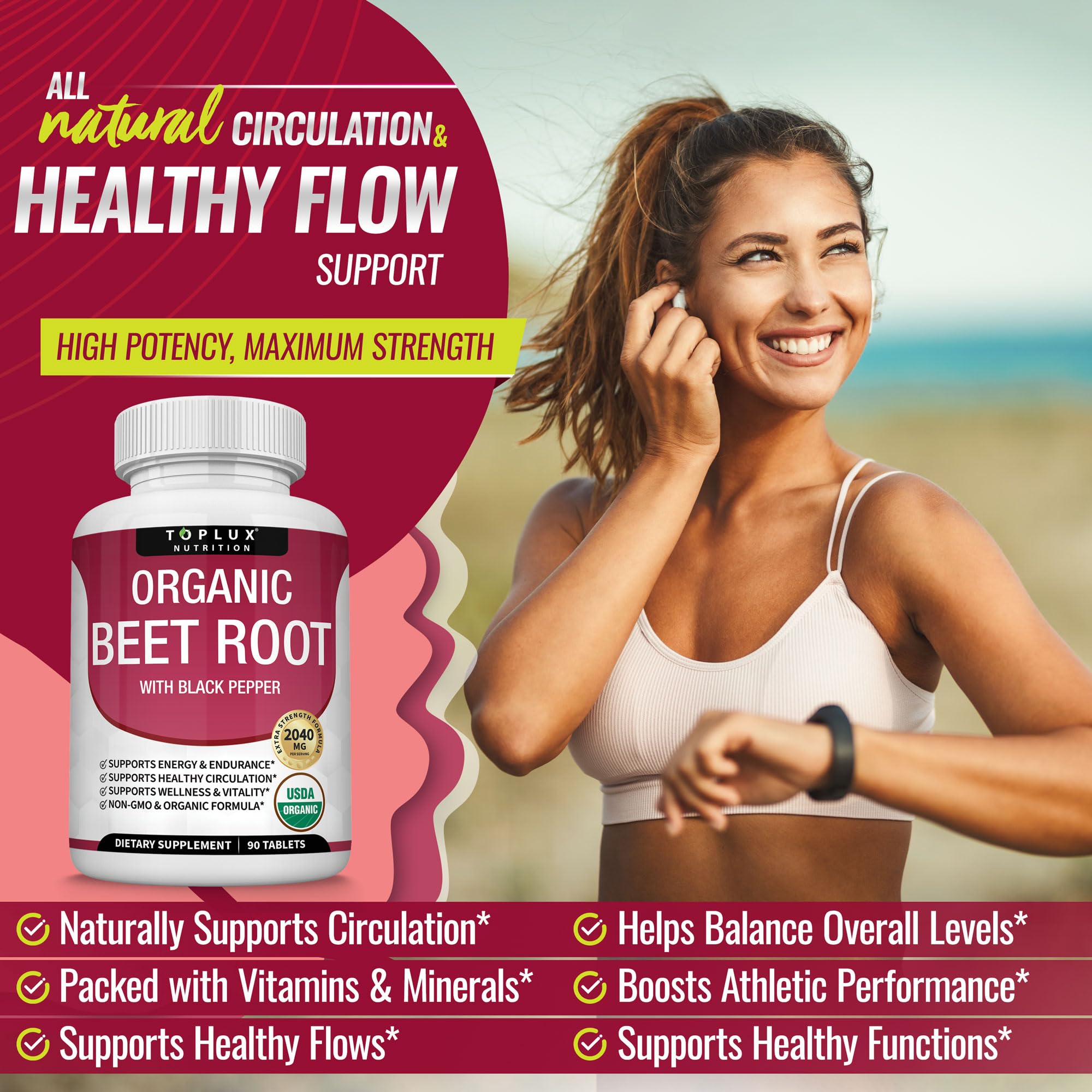 Toplux Organic Beet Root Powder Tablets - 2040mg Natural Nitric Oxide Beets to Support, Energy, Black Pepper Better Absorption, Non-GMO, for Men Women, 90 Tablets