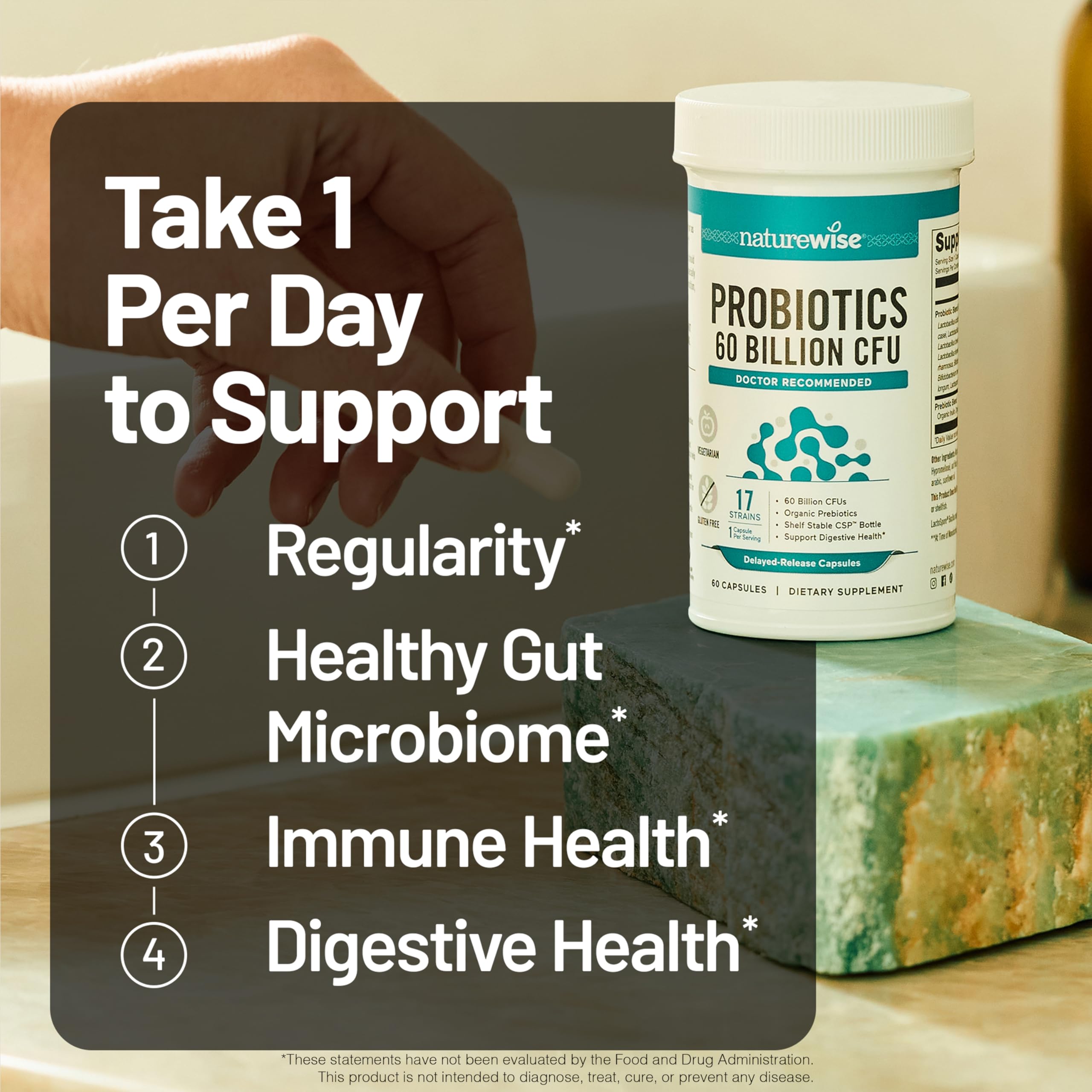 NatureWise Probiotics 60 Billion CFU - 17 Strains + Organic Prebiotics - Immune, Digestive & Gut Health Support for Women & Men - Vegetarian, Gluten-Free,