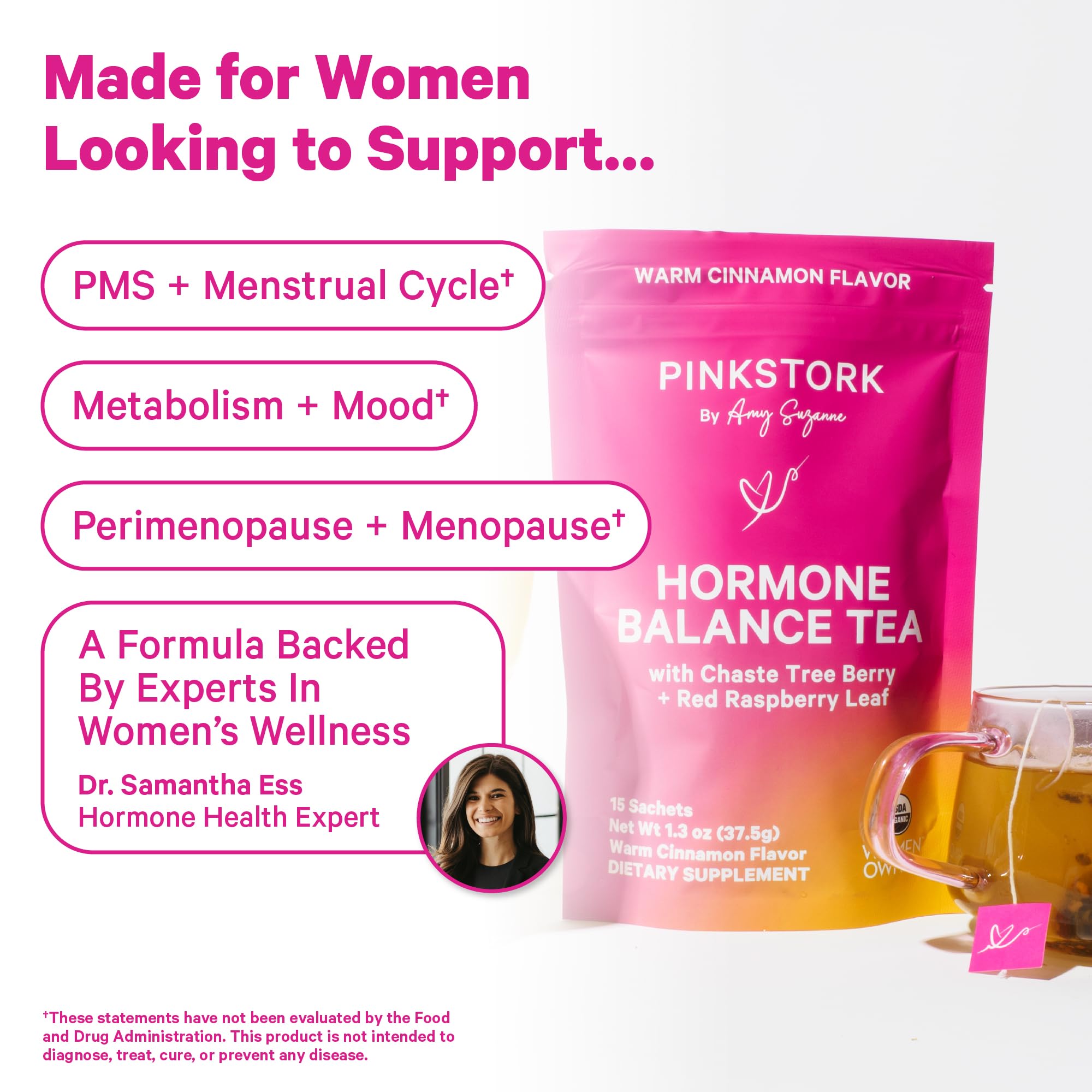 Pink Stork Hormone Balance Tea for Women – Red Raspberry Leaf & Chasteberry (Vitex) – Organic Herbal Tea for PMS, Menstrual Cycle & Perimenopause Support – Caffeine-Free Cinnamon Blend – 30 Cups Pink Stork Au supplements