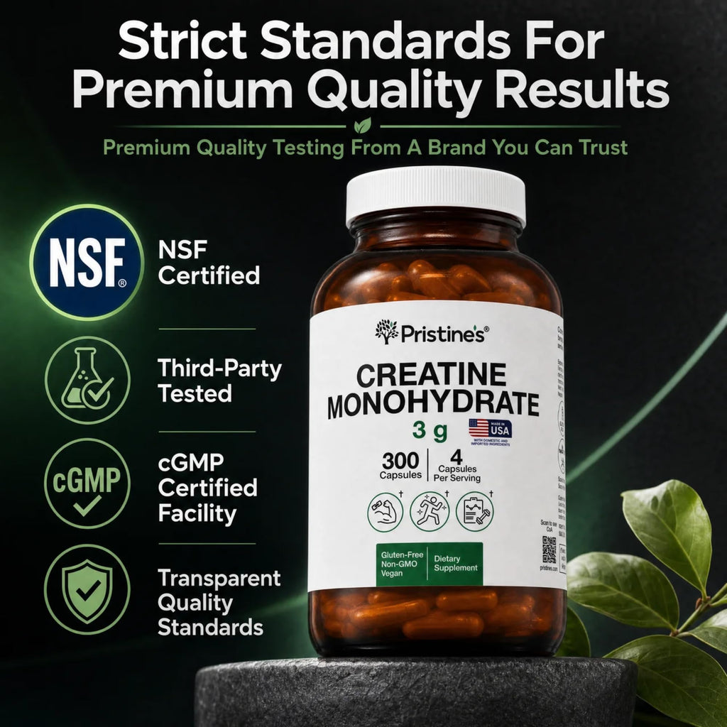 PRISTINE'S Creatine Monohydrate Capsules for Women & Men - NSF Certified 75 Day Supply 3G Creatine Pills for Women - Cognitive & Athletic Performance Support