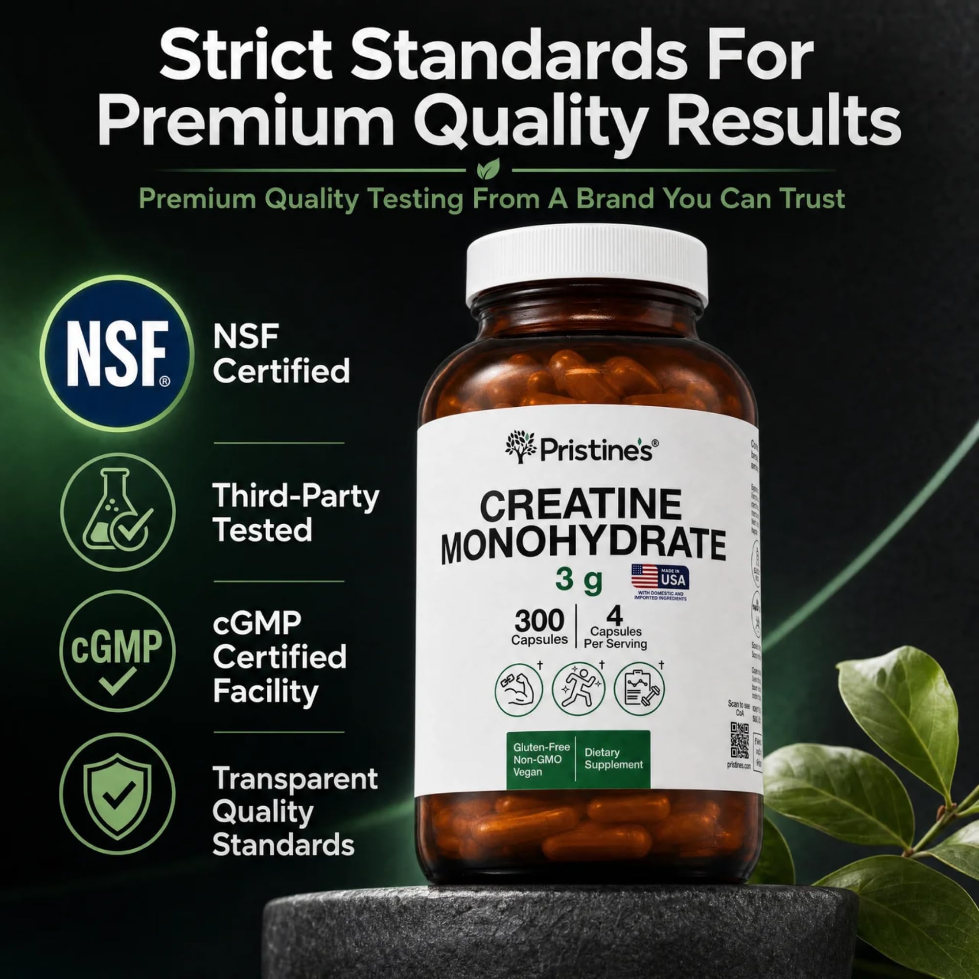 PRISTINE'S Creatine Monohydrate Capsules for Women & Men - NSF Certified 75 Day Supply 3G Creatine Pills for Women - Cognitive & Athletic Performance Support