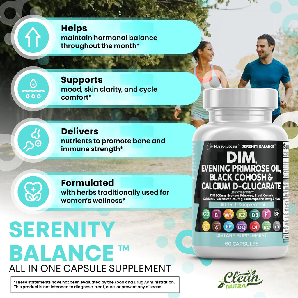 Clean Nutraceuticals DIM Evening Primrose Black Cohosh Calcium D-Glucarate Sulforaphane Flax Seed Extract - Hormonal Support Vitamins for Women with Dong Quai - 60 Caps Clean Nutraceuticals Au supplements