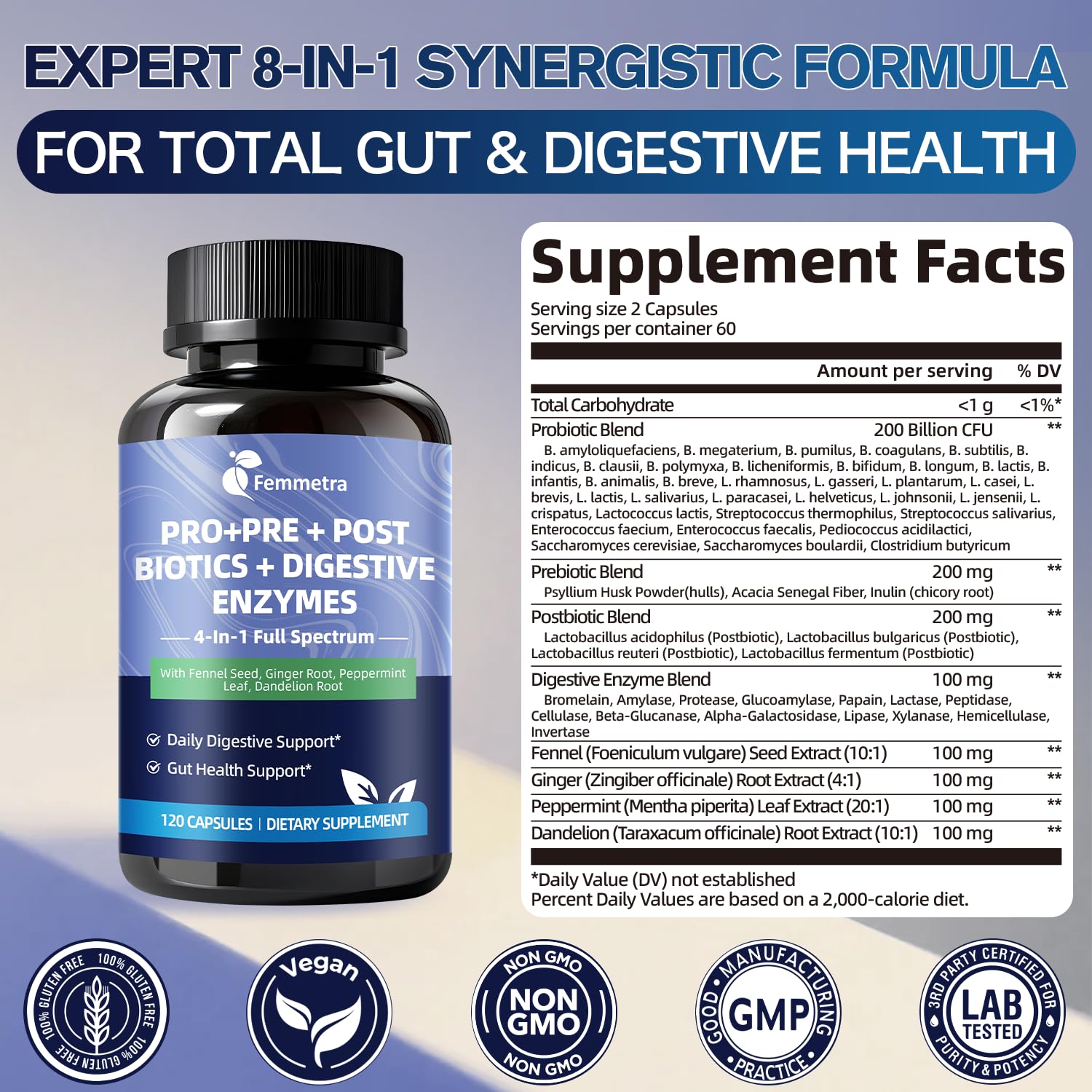 Ultra Probiotics for Women Men 200 Billion CFU - 36 Strains 14 Digestive Enzymes, 4 Anti-Bloat Herbs, 3 Prebiotic Fibers & 4 Postbiotics, Gut, Digestive, Regularity