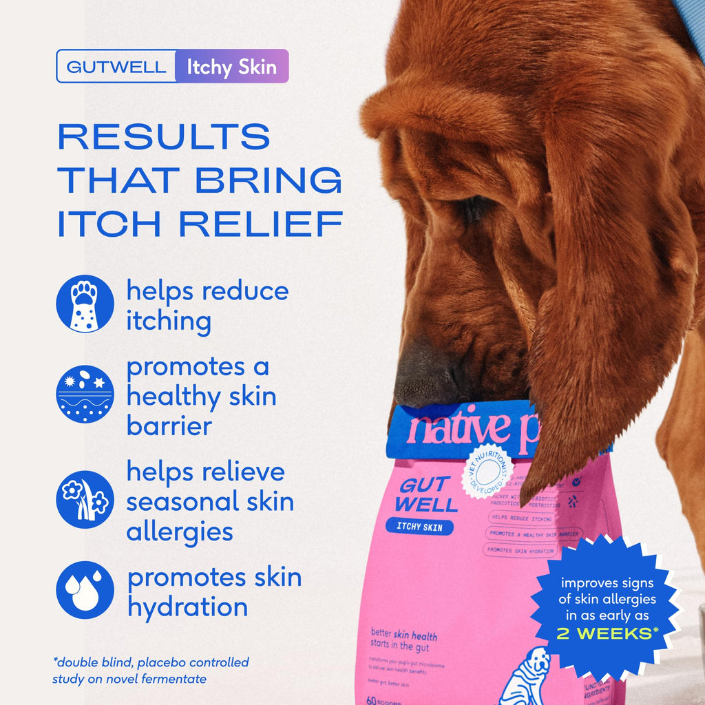 GutWell Itchy Skin - Dog Itching Skin Relief & Seasonal Allergy Itch Relief for Dogs - Promotes Skin Hydration, Elasticity & Healthy Barrier with Triple-biotic Blend, Zinc, & Vitamin E - 60 Scoops Native Pet Au supplements