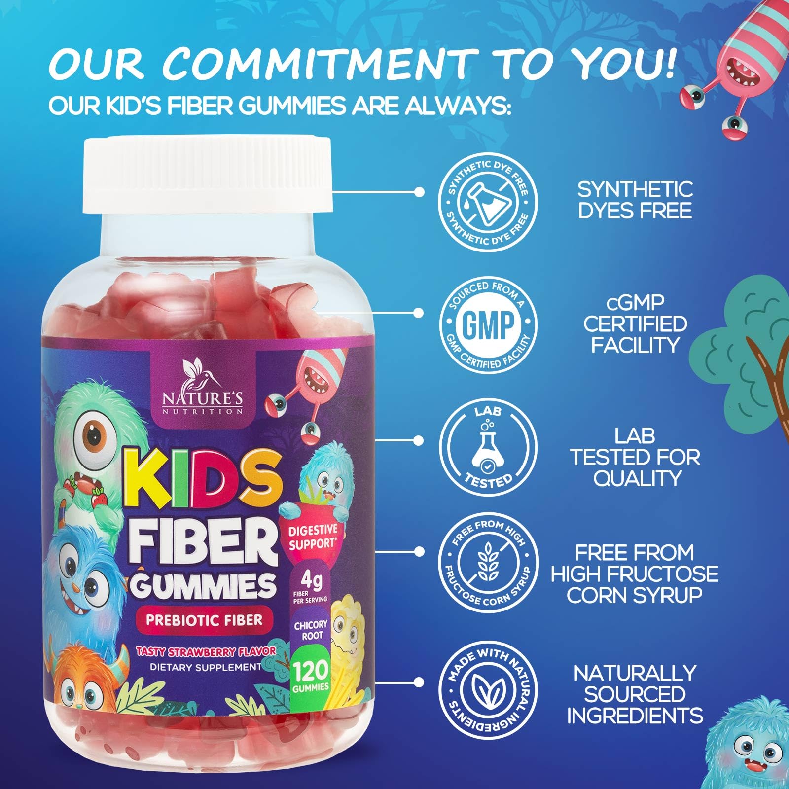 Fiber Gummies for Kids 4g Per Serving - Daily Fiber Gummy Supplement for Kids - Soluble Inulin Prebiotic Gummy for Digestive Health Support - Plant-Based Regularity