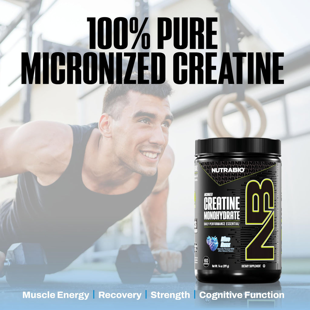 NutraBio Pure Micronized Creatine Monohydrate Powder Supplement, Blue Razz (300 g) - Supports Bulk Muscle Energy, Recovery, and Strength - HPLC Tested Creatine Powder Supplement for Men and Women