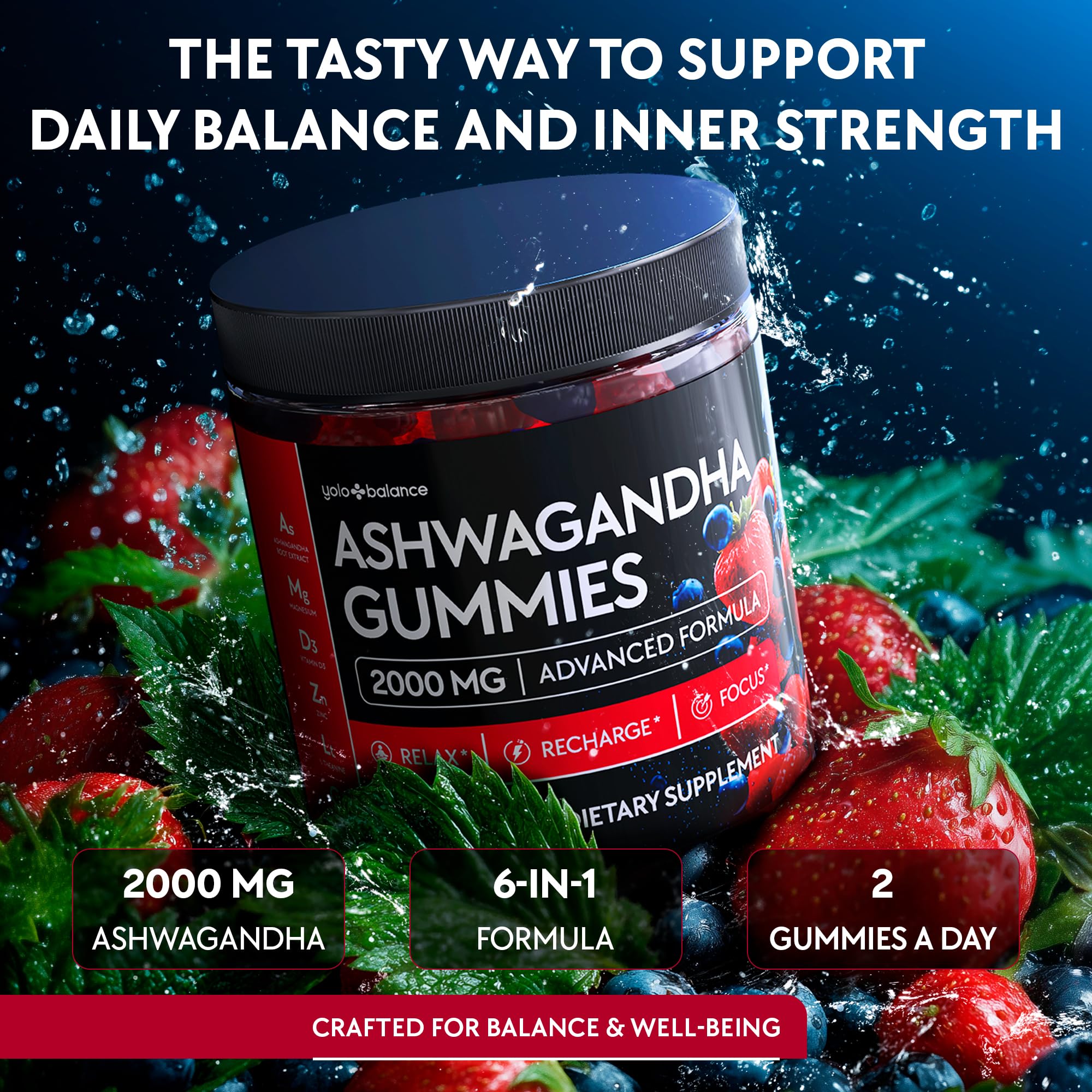 Ashwagandha Gummies – 120 Count - 2000 MG Ashwagandha Supplements with L-Theanine, GABA, Magnesium, Zinc & Vitamin D3 – Sugar-Free, Vegan,