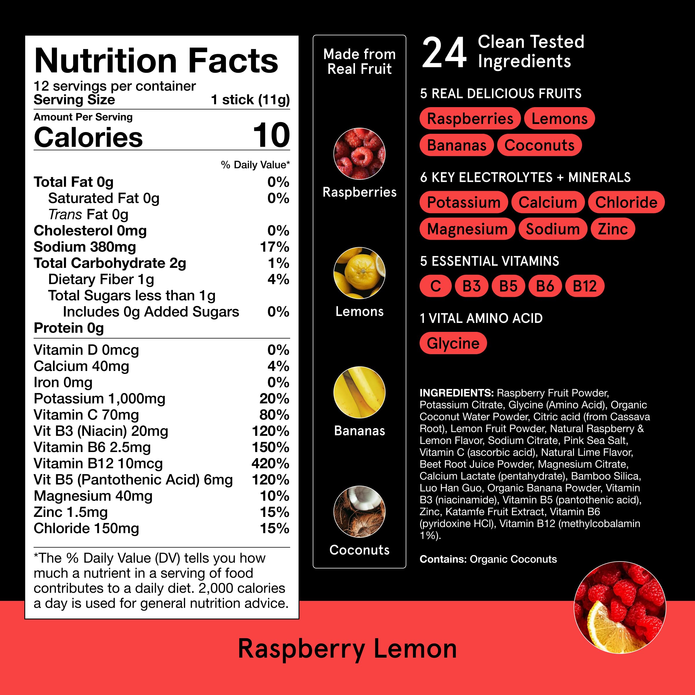DryWater Electrolyte Powder Packets, Raspberry Lemon - Stevia-Free Hydration Packets Drink Mix with Zero Added Sugar for Rehydration & Energy - 6 Key Electrolytes