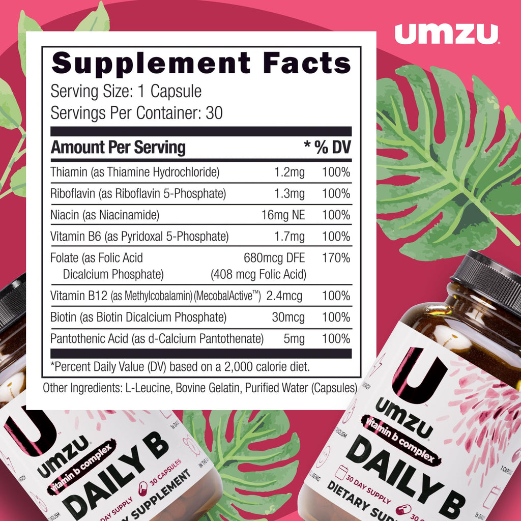 UMZU Daily B, 30 Day Supply – Complete Vitamin B Complex Supplement Blend with B1, B2, B3, B5, B6, B7, B9 & B12 Plus Folic Acid & Biotin – Supports Energy, Focus, Mood,