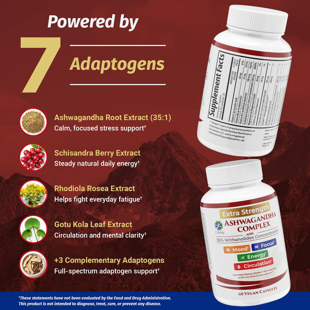Ashwagandha Complex Adrenal Support Supplement for Stress Relief, Cortisol Balance, Energy & Focus, Mood Support, 35% Withanolides, 60 Vegan Capsules 1 Body Au supplements