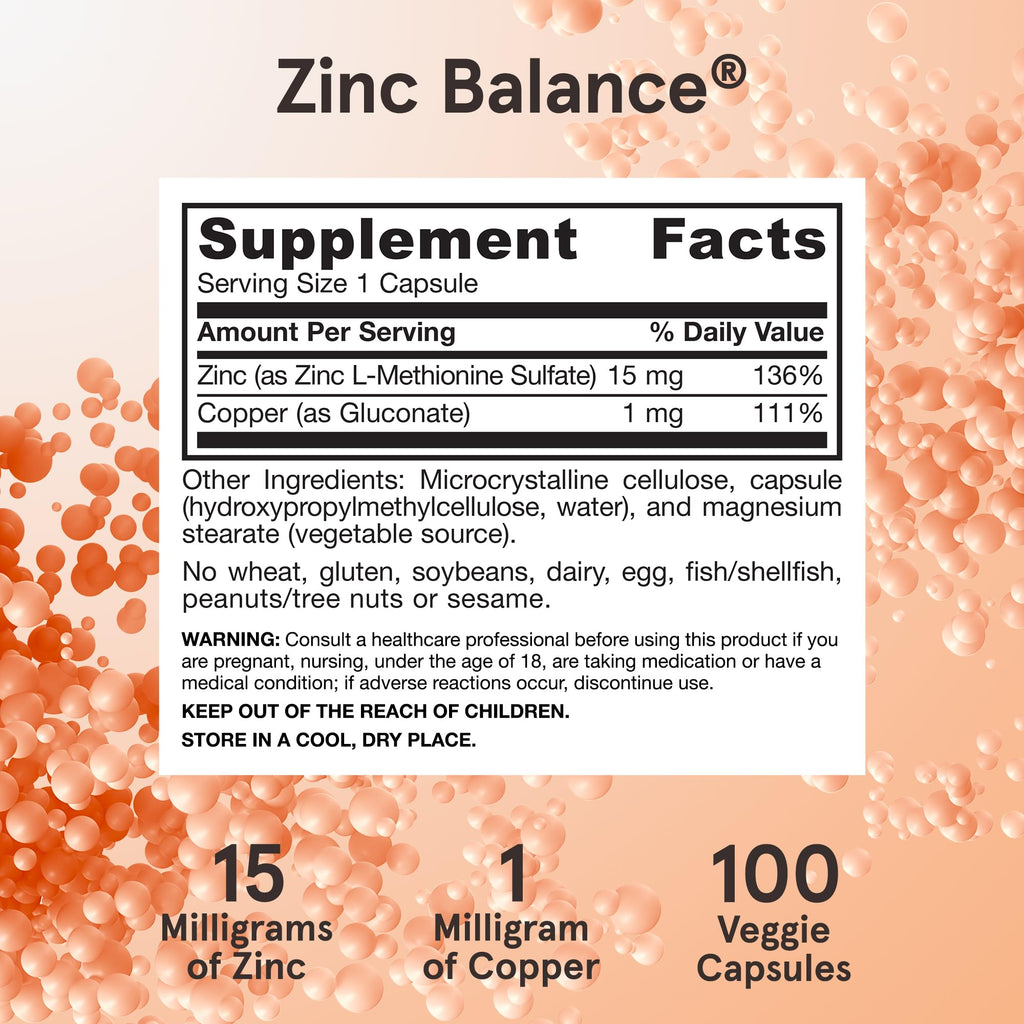 Jarrow Formulas Zinc Balance 15 mg - 100 Servings (Veggie Caps) - Zinc with Copper - Essential Minerals for Immune System Support - Immune Support Supplement - Gluten Free Copper Supplement, Vegan Jarrow Formulas Au supplements