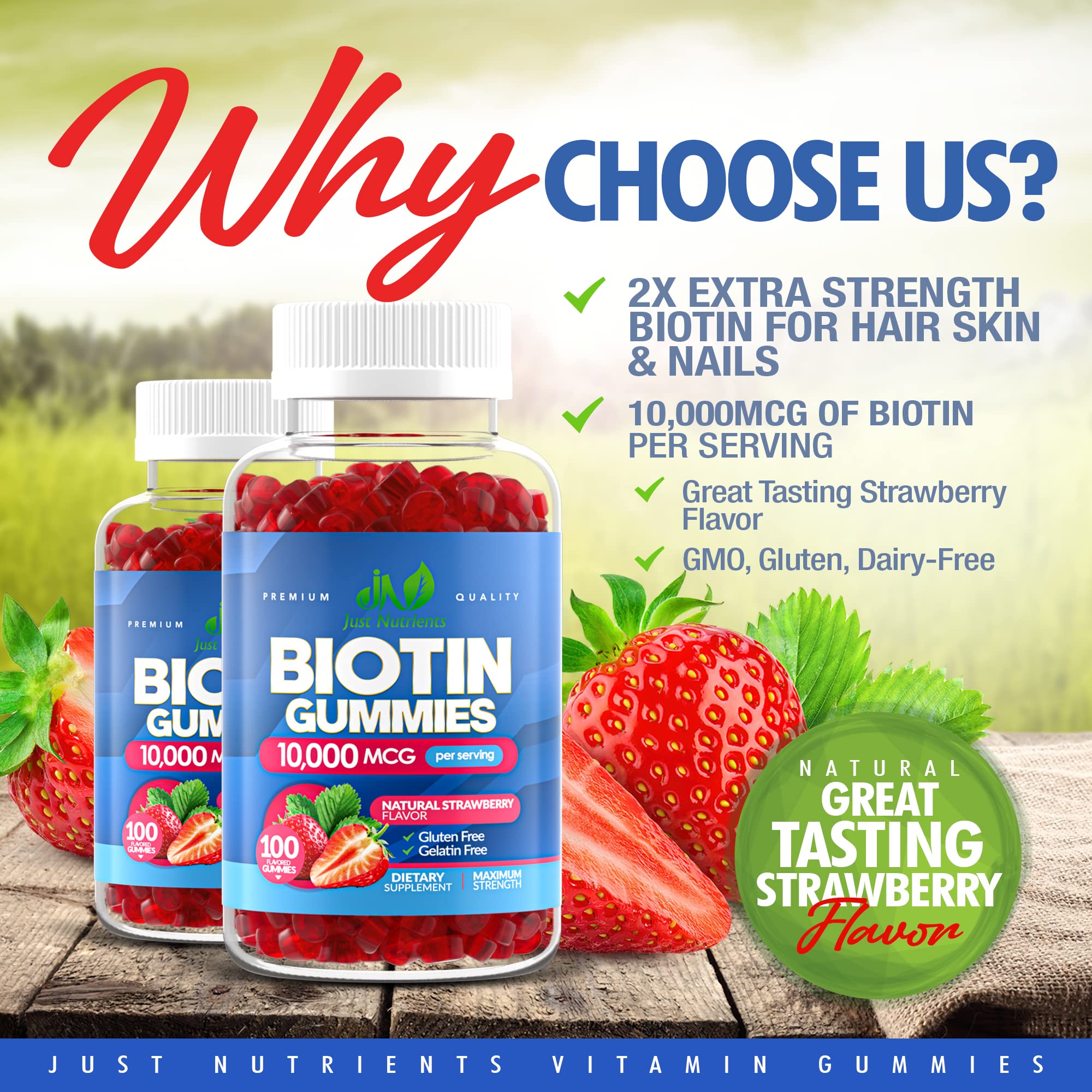 Biotin 10,000mcg Gummies for Hair Growth, Skin & Nails (100 Count) - 2x Maximum Strength Biotin Vitamins for Women & Men - Gluten-Free, Vegan, Non-GMO