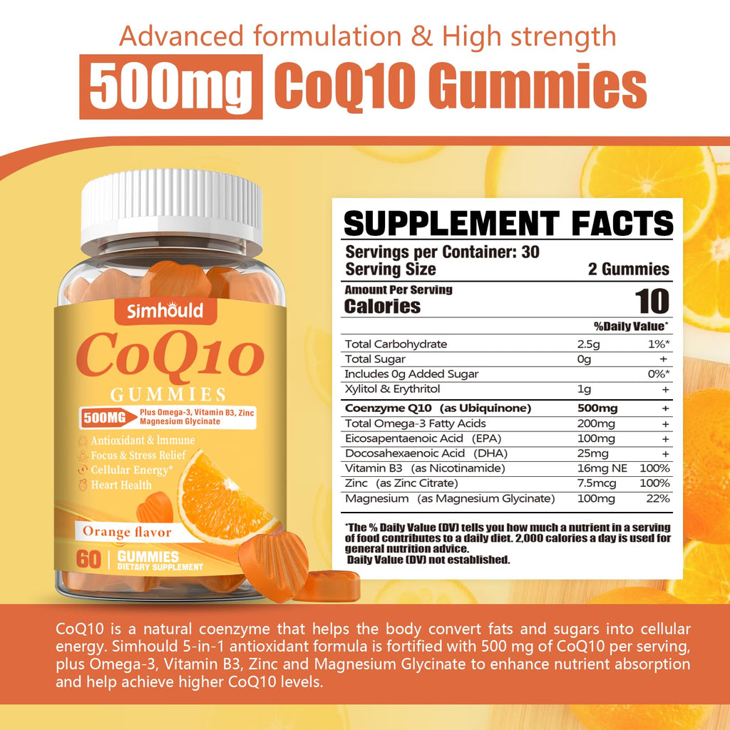 2 Pack CoQ10 500MG Gummies - Plus Omega-3, Magnesium, Vitamin B3 & Zinc - 3X Better Absorption Coenzyme Q10 Supplements for Heart Health, Cellular Energy & Antioxidant, Non-GMO 120 Counts