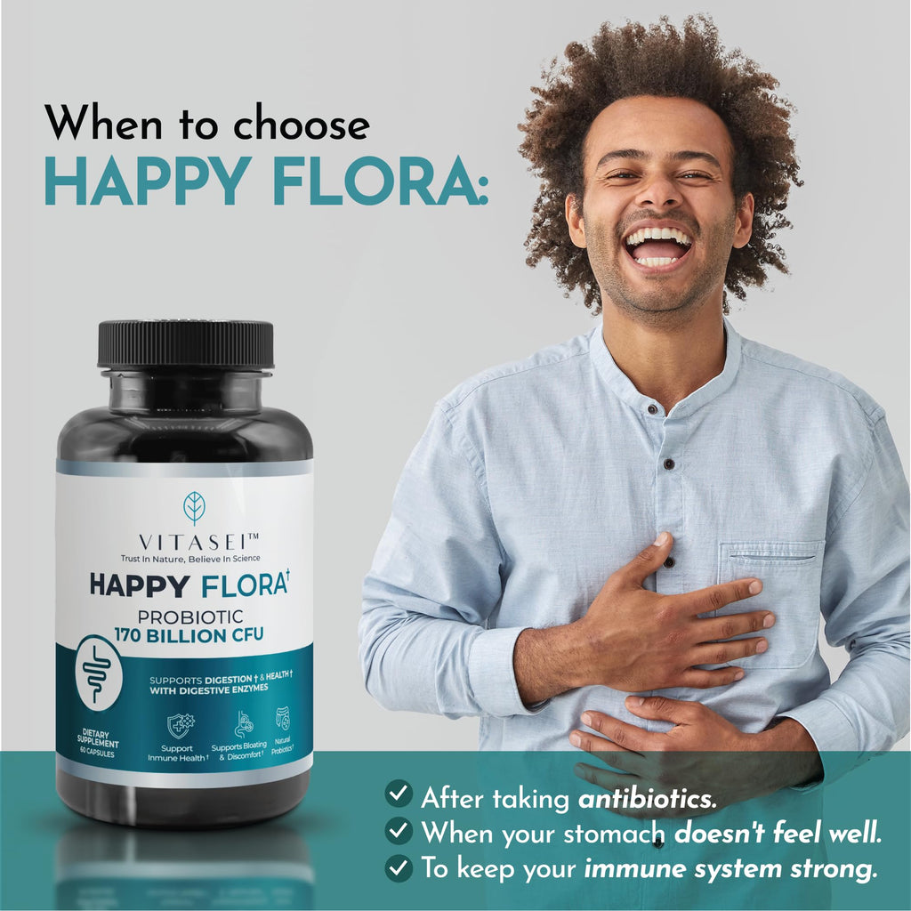 VITASEI Happy Flora, Probiotic Supplement 170 Billion CFU for a Healthy Gut Health with enzymes for Digestion, probiotics for Women and Men, 1 Bottle - 60 Capsules VITASEI Au supplements