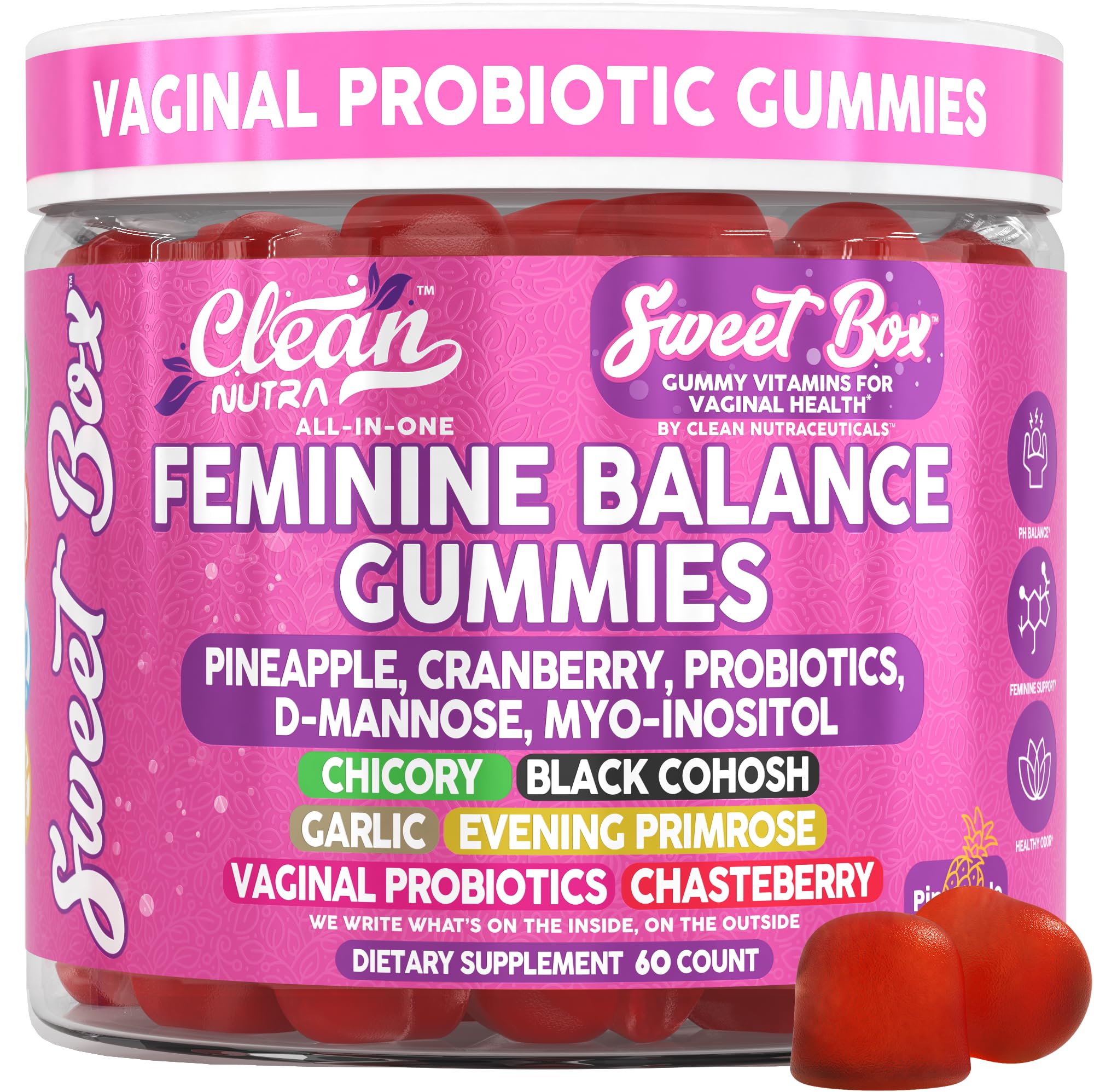 Clean Nutra Feminine Balance Gummies for Women Pineapple VaginalProbiotics pH Balance Cranberry D Mannose Supplement Inositol Black Cohosh Evening Primrose Garlic Vitex GLA Prebiotics Folate 60ct Clean Nutraceuticals Au supplements