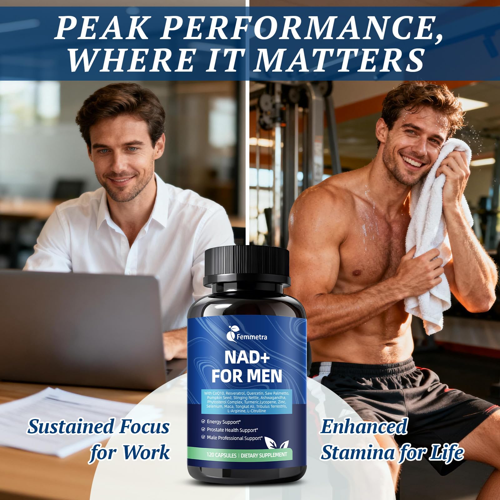 Femmetra NAD+ Supplements for Men with Saw Palmetto | All-in-One Cellular Energy, Prostate Support & Nitric Oxide Supplement with Resveratrol, L-Arginine | Non-GMO, 120 Capsules Femmetra Au supplements