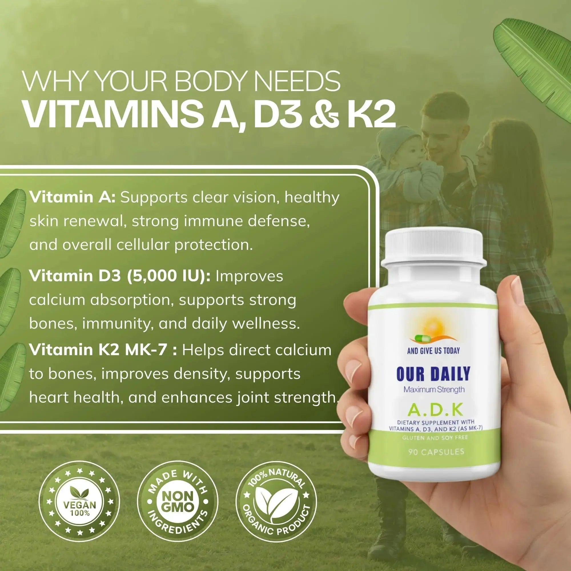Daily Vites, ADK Vitamin Supplement 5000 IU, 90 Capsules - 3 Months Supply - High Potency Vitamin A, D3 & K2 (MK-7) - Physician Formulated ADK for Bone, Heart AND GIVE US TODAY OUR DAILY Au supplements
