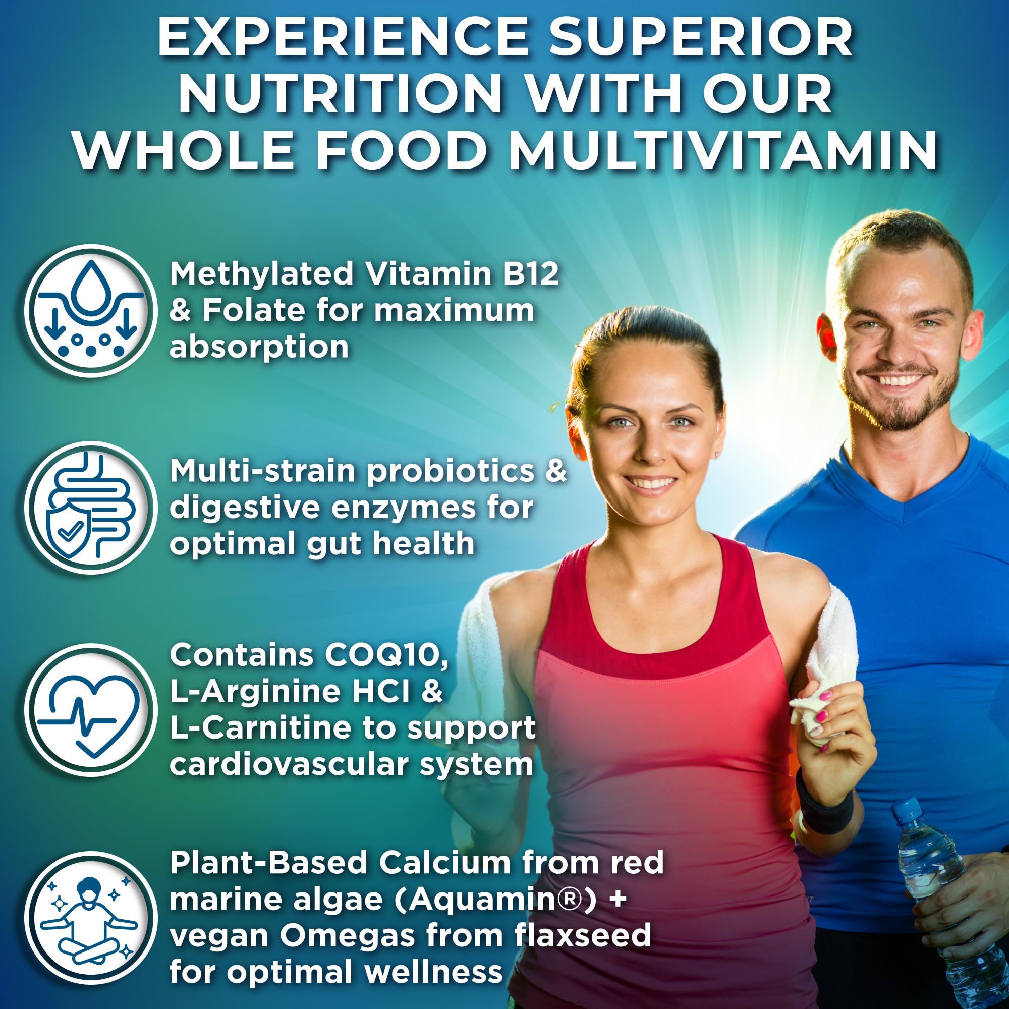 Vegan Whole Food Daily Multivitamin with Iron, Methylated Multivitamin for Women and Men, Made with Fruits & Vegetables, B-Complex, Probiotics, Enzymes