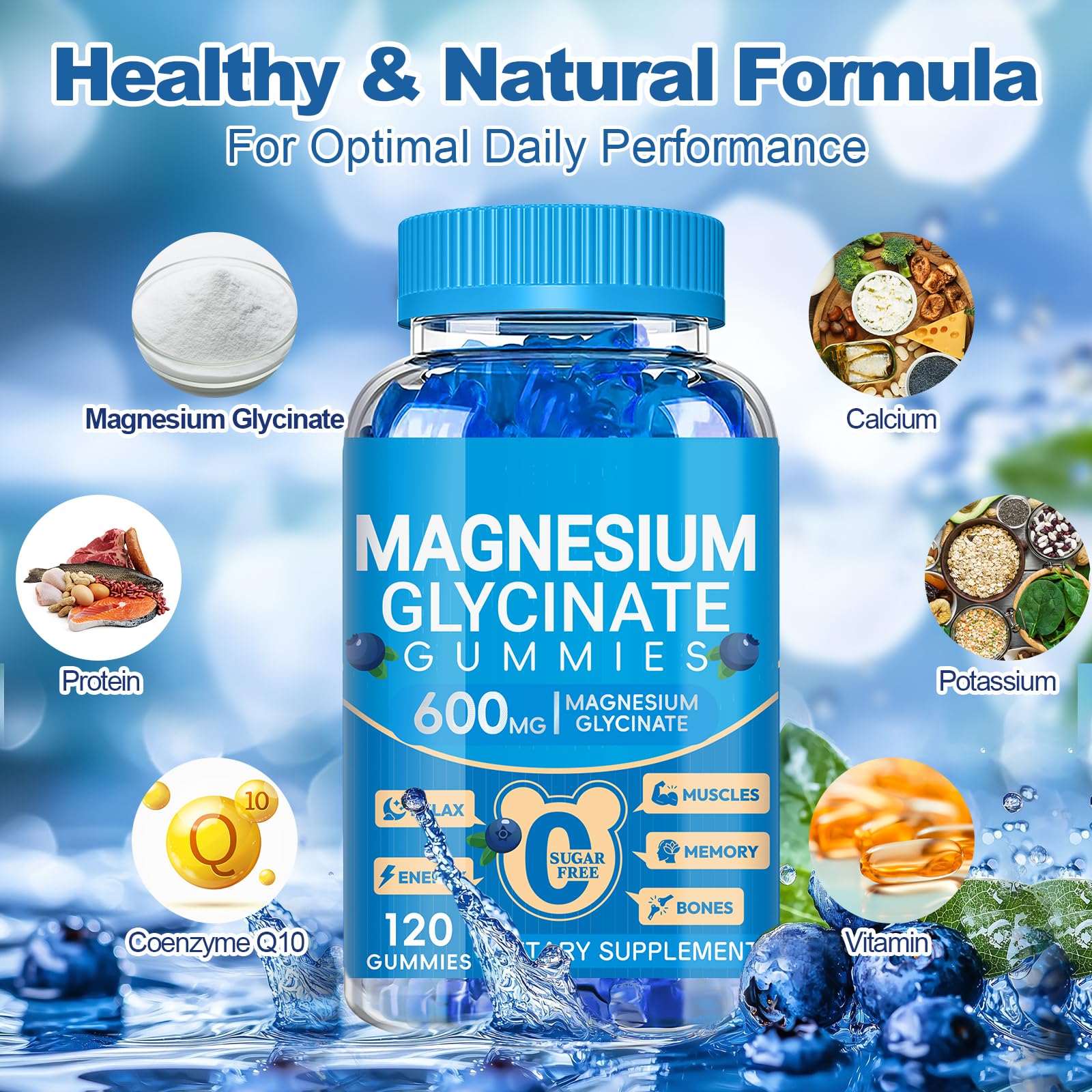 Magnesium Glycinate Gummies 600mg, Chewable Sugar Free Potassium Magnesium Gummies with Manganese Glycinate, Vitamin D, B6, and CoQ10 for Calm Suppor