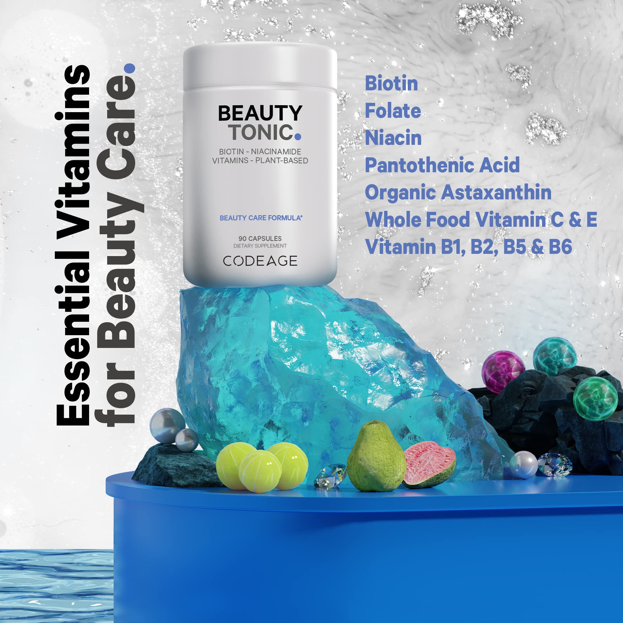 Codeage Biotin Supplement with Vitamin C, Vitamin E, Vitamin B6, Niacin, Folate, Organic Food Blend, Phytoceramides, Astaxanthin, Selenium - Beauty Tonic - Hair, Skin, and Nail Support - Vegan, 90 Ct Codeage Au supplements