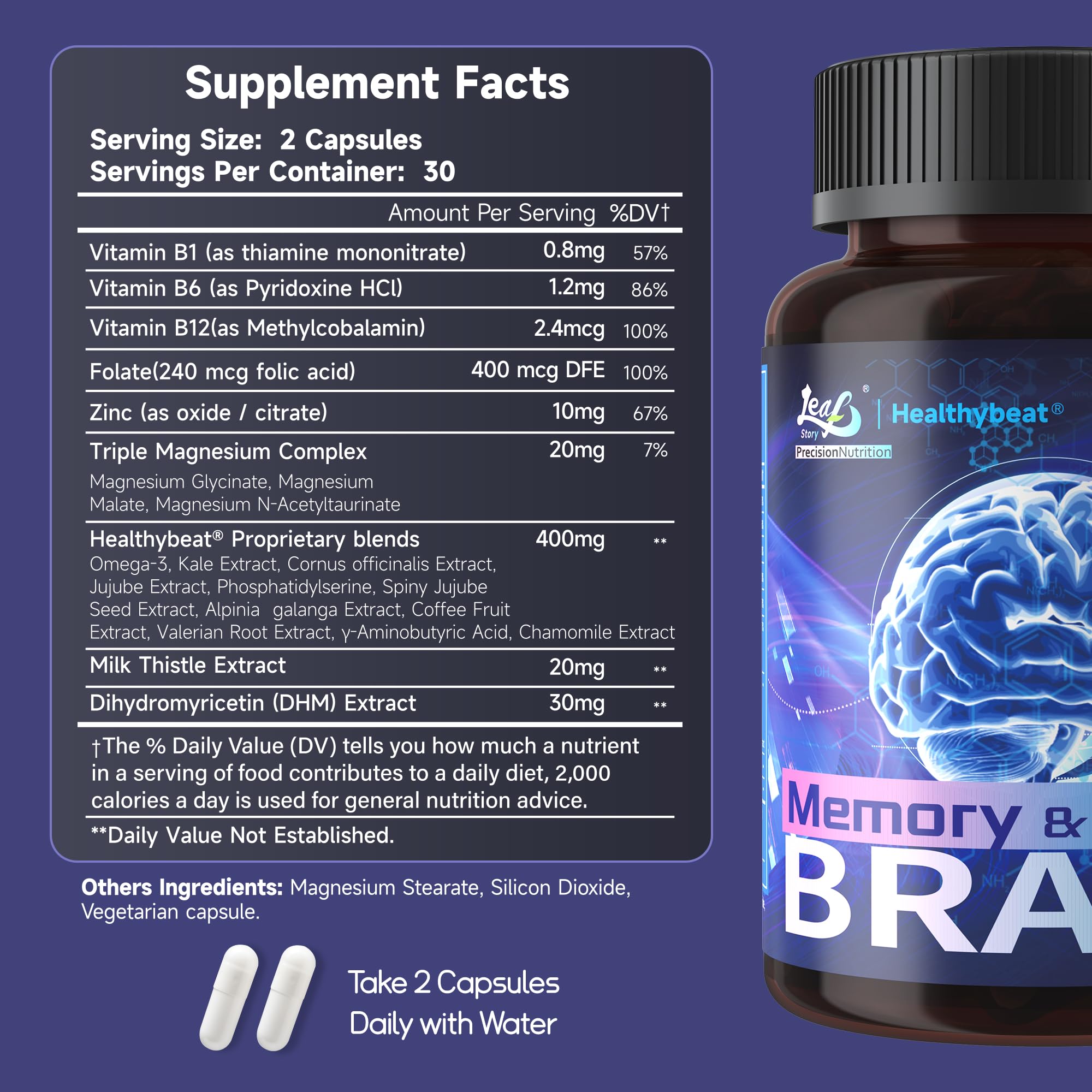 LeafStory Nootropic Brain Supplements for Memory and Focus, Cognitive Function for Mental Health & Clarity, Vitamin B6 B12, Folate & Dihydromyricetin, 60 Capsules LeafStory Au supplements