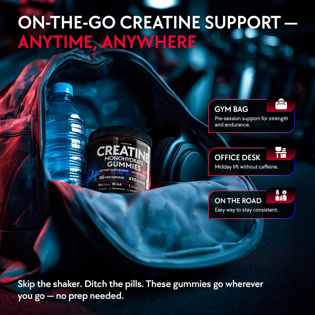 Creatine Monohydrate Gummies Complex 5000 MG for Men & Women, Preworkout Gummy with BCAA, L-Carnitine, Taurine & Vitamin B12 for Muscle Growth,